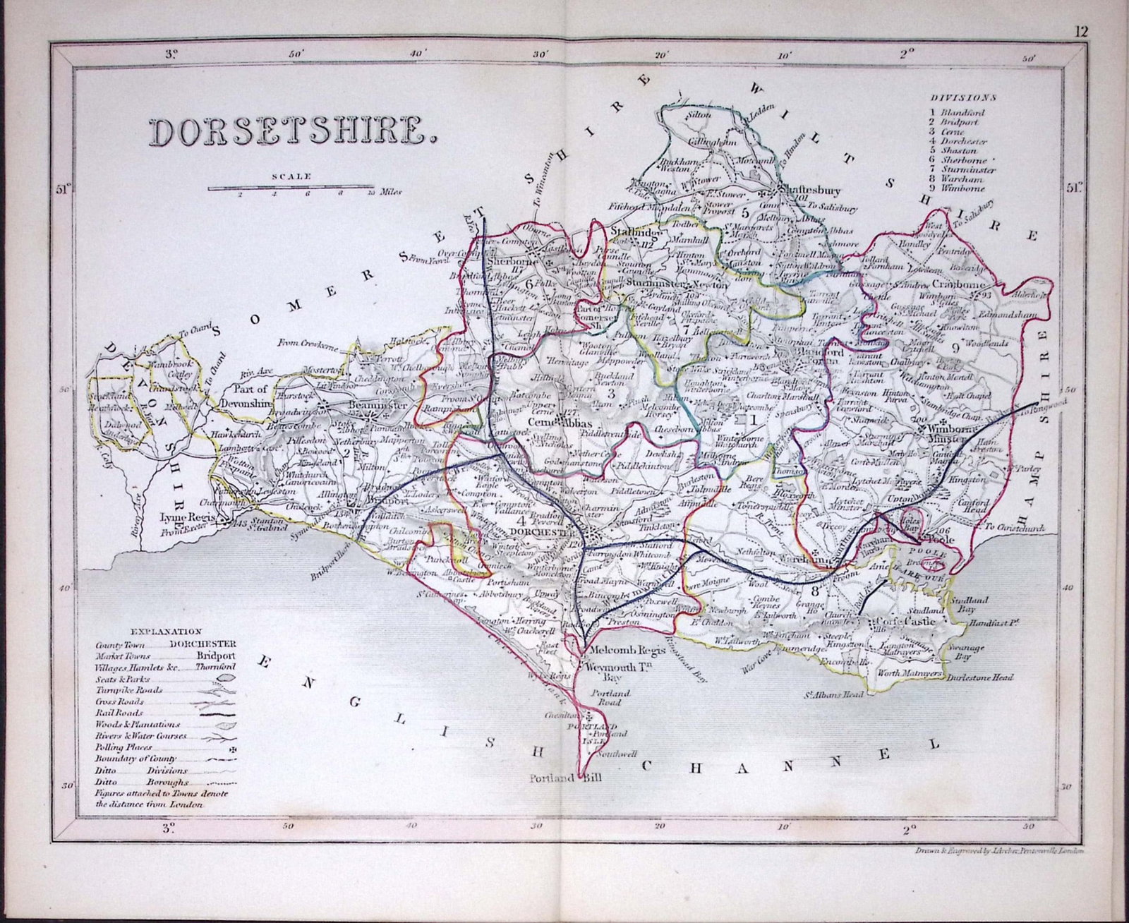 Dorsetshire -Dugdale & Archer Antique 180 Years-Old Steel Engraved Map-6: Title: Dorsetshire -Dugdale & Archer Antique 180 Years-Old Steel Engraved Map-6 Description: This Antique Coloured Engraved Map Has Been Removed from an Antique Edition of. Thomas Dugdale