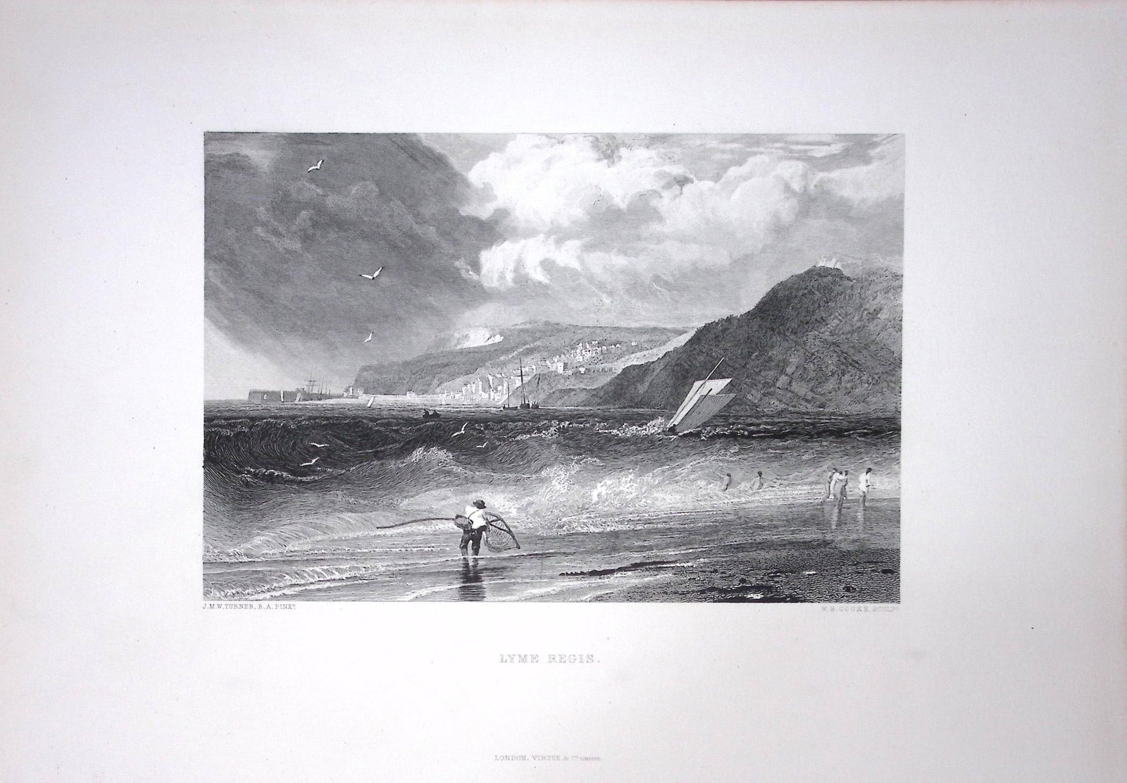 J.M.W Turner View of Lyme Regis Dorset Antique Steel Engraving-114-TR: Title: J.M.W Turner View of Lyme Regis Dorset Antique Steel Engraving-114-TR Description: This Antique Steel-Engraving Was Removed from a Edition Of. The Turner Gallery a Series of 120