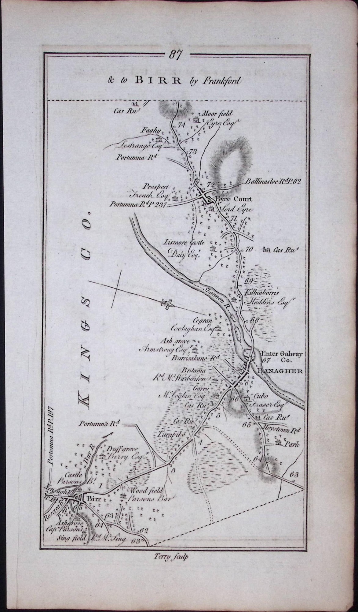 Ireland Rare Antique 245 Yr-Old Road Map Birr-Offaly-Frankford-88 - 2