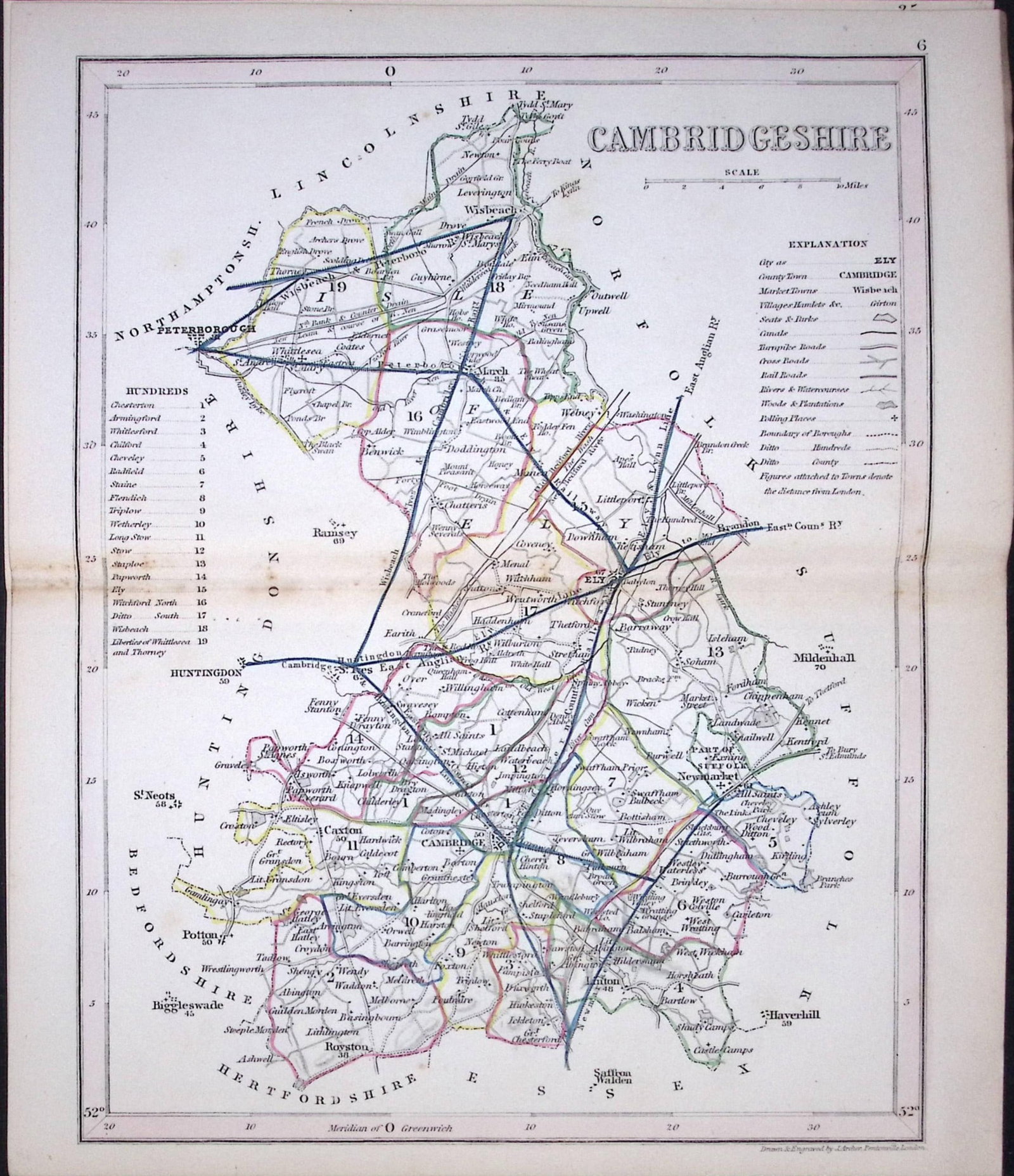 Cambridgeshire-Dugdale & Archer Antique 180 Years-Old Steel Engraved Map-27: Title: Cambridgeshire-Dugdale & Archer Antique 180 Years-Old Steel Engraved Map-27 Description: This Antique Coloured Engraved Map Has Been Removed from an Antique Edition of. Thomas Dugdal