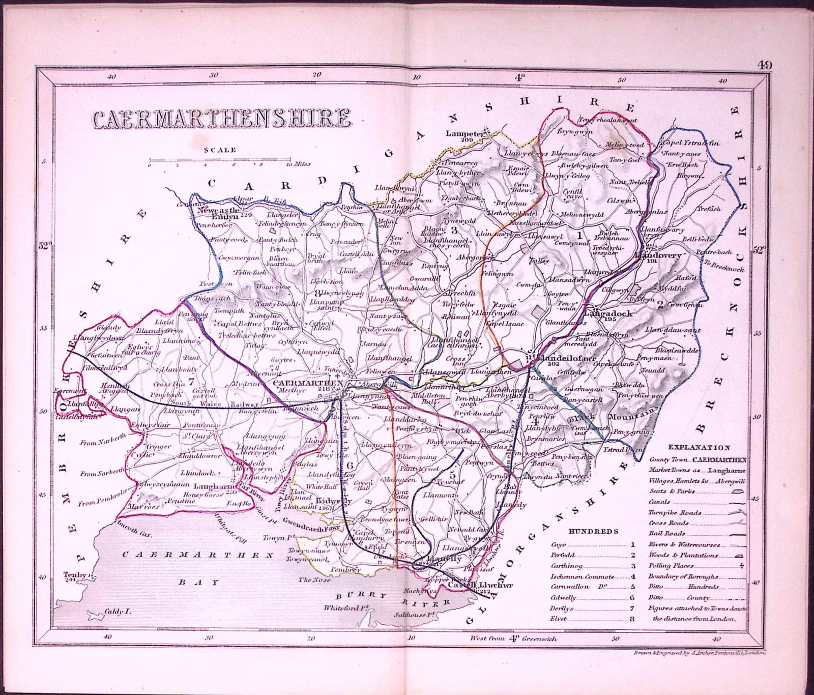 Carmarthen Wales-Dugdale & Archer Antique 180 Years-Old Steel Engraved Map-47: Title: Carmarthen Wales-Dugdale & Archer Antique 180 Years-Old Steel Engraved Map-47 Description: This Antique Coloured Engraved Map Has Been Removed from an Antique Edition of. Thomas Dugd