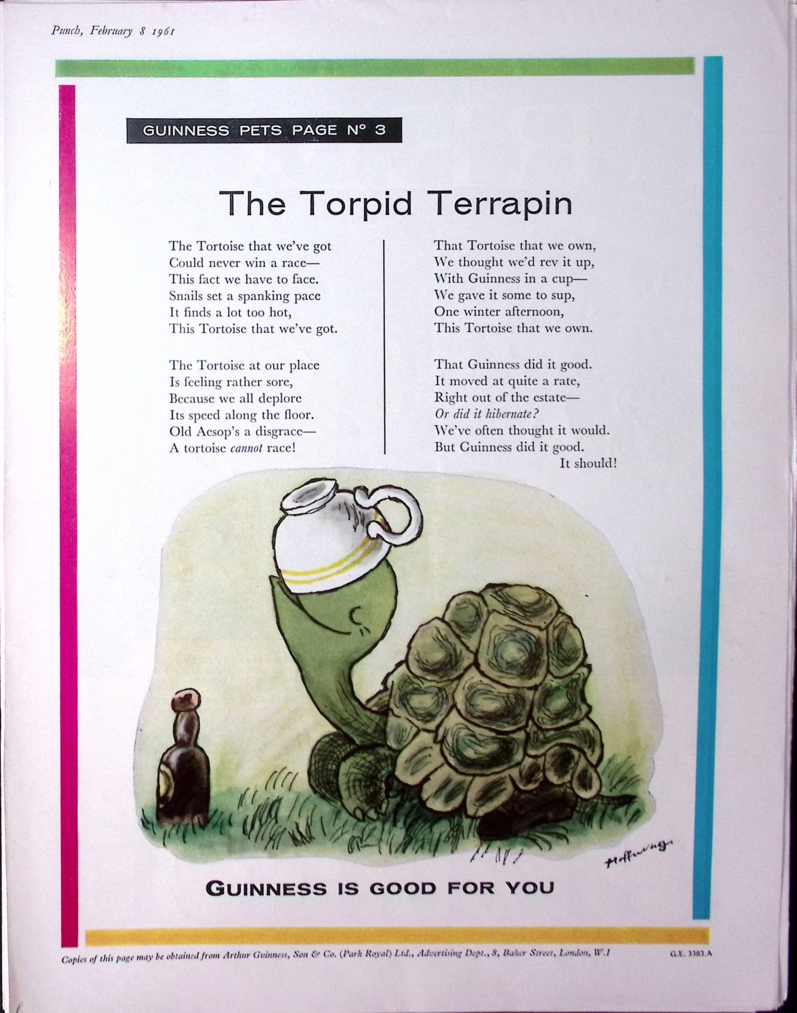 Guinness 1961 Original 65 Years-Old Print The Torpid Terrapin- G.E.3383-A.: Title: Guinness 1961 Original 65 Years-Old Print The Torpid Terrapin- G.E.3383-A. Description: Guinness 1961 Original 65 Years-Old Print The Torpid Terrapin- G.E.3383-A. And Measures approx. Size 11