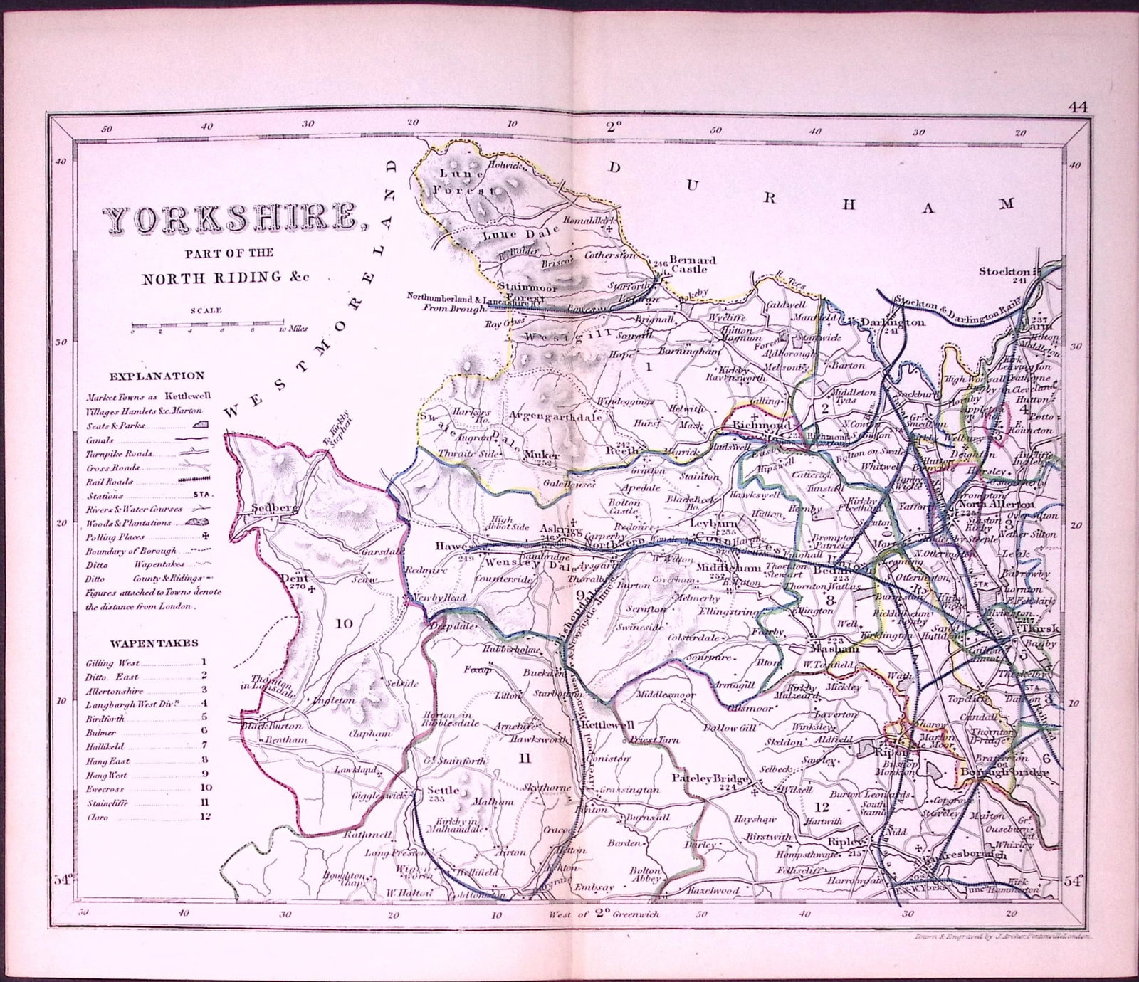 Yorkshire North Riding-Antique 180 Years-Old Steel Engraved Map-41: Title: Yorkshire North Riding-Antique 180 Years-Old Steel Engraved Map-41 Description: This Antique Coloured Engraved Map Has Been Removed from an Antique Edition of. Thomas Dugdale Curiosities
