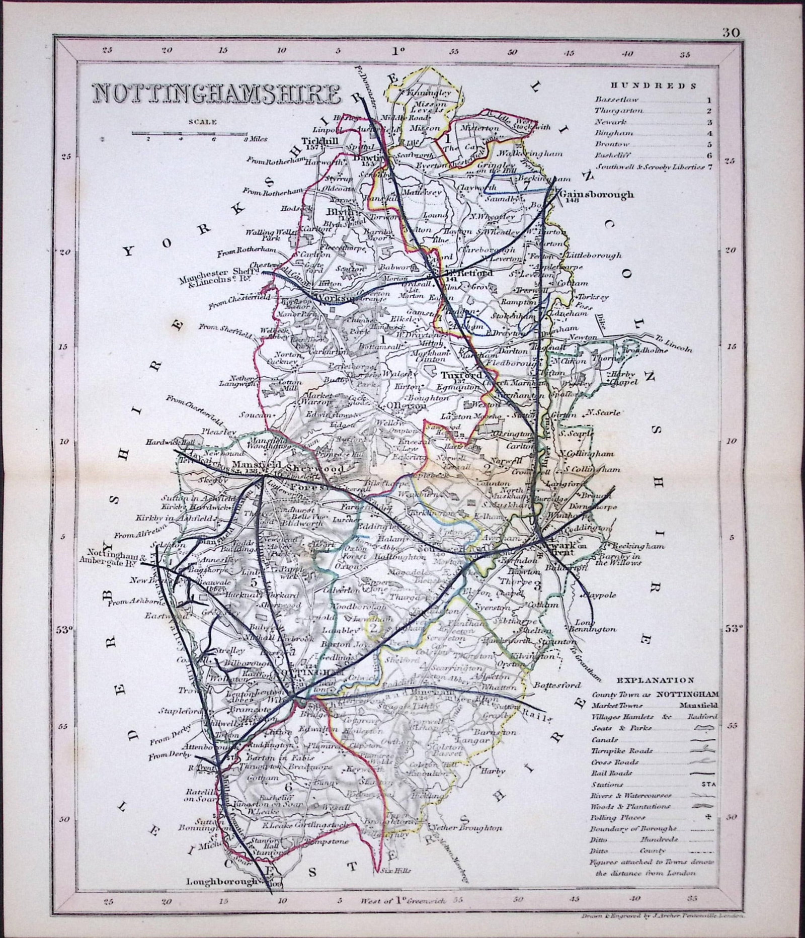 Nottinghamshire-Dugdale & Archer Antique 180 Years-Old Steel Engraved Map-21: Title: Nottinghamshire-Dugdale & Archer Antique 180 Years-Old Steel Engraved Map-21 Description: This Antique Coloured Engraved Map Has Been Removed from an Antique Edition of. Thomas Dugda