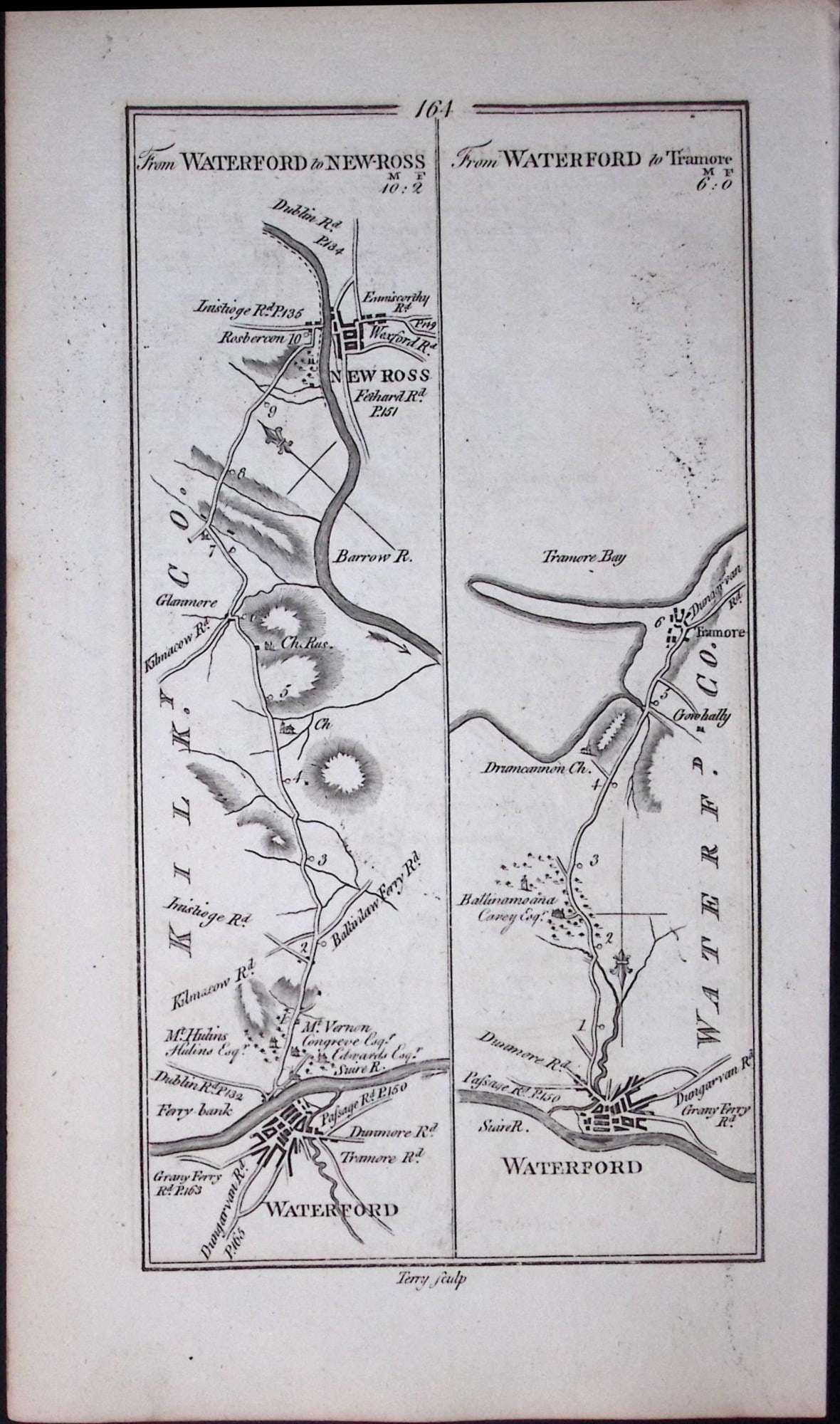 Ireland Rare Antique 245 Yr-Old Road Map Waterford-New Ross-Tramore-164 - 2