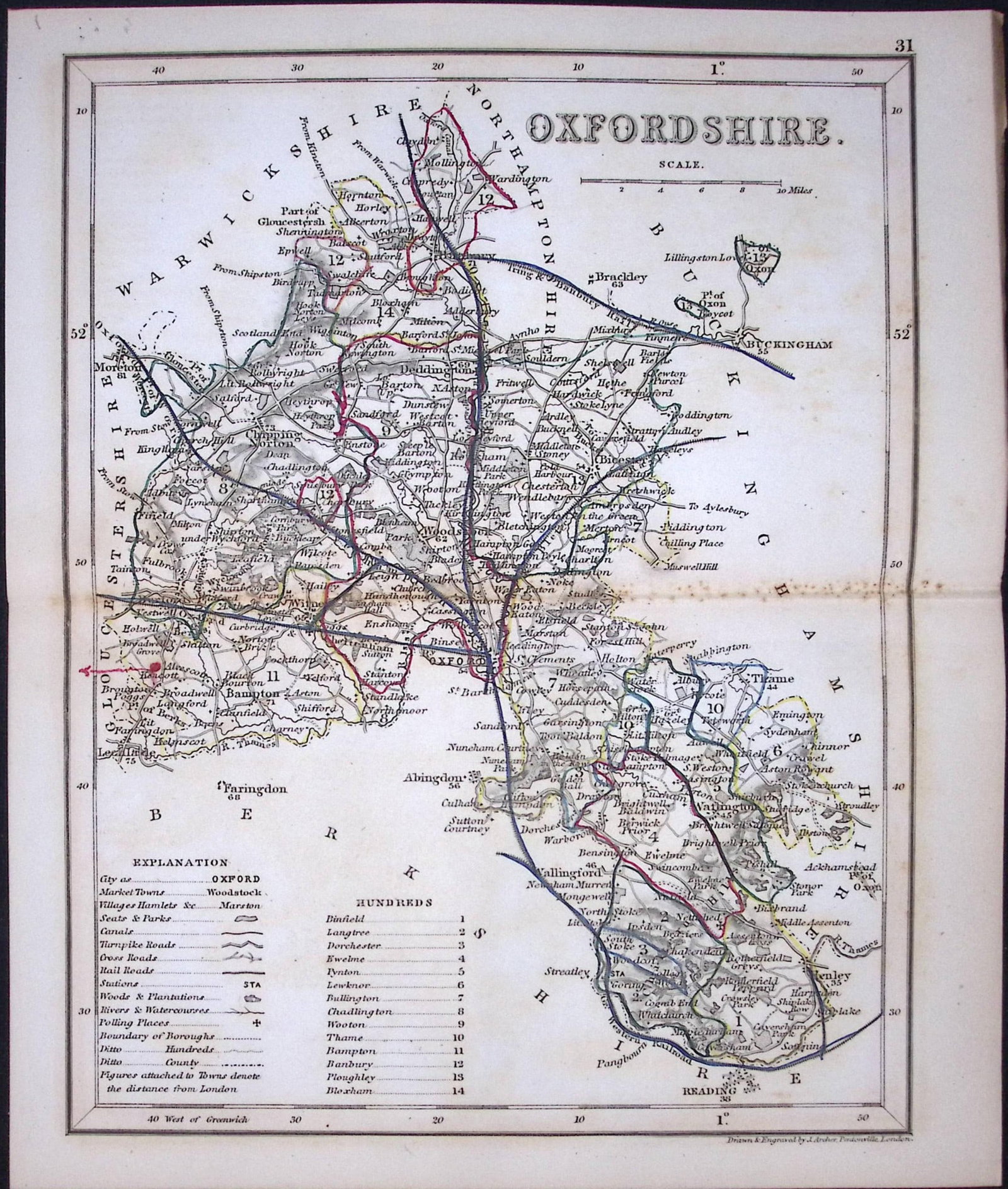Oxfordshire-Dugdale & Archer Antique 180 Years-Old Steel Engraved Map-23: Title: Oxfordshire-Dugdale & Archer Antique 180 Years-Old Steel Engraved Map-23 Description: This Antique Coloured Engraved Map Has Been Removed from an Antique Edition of. Thomas Dugdale