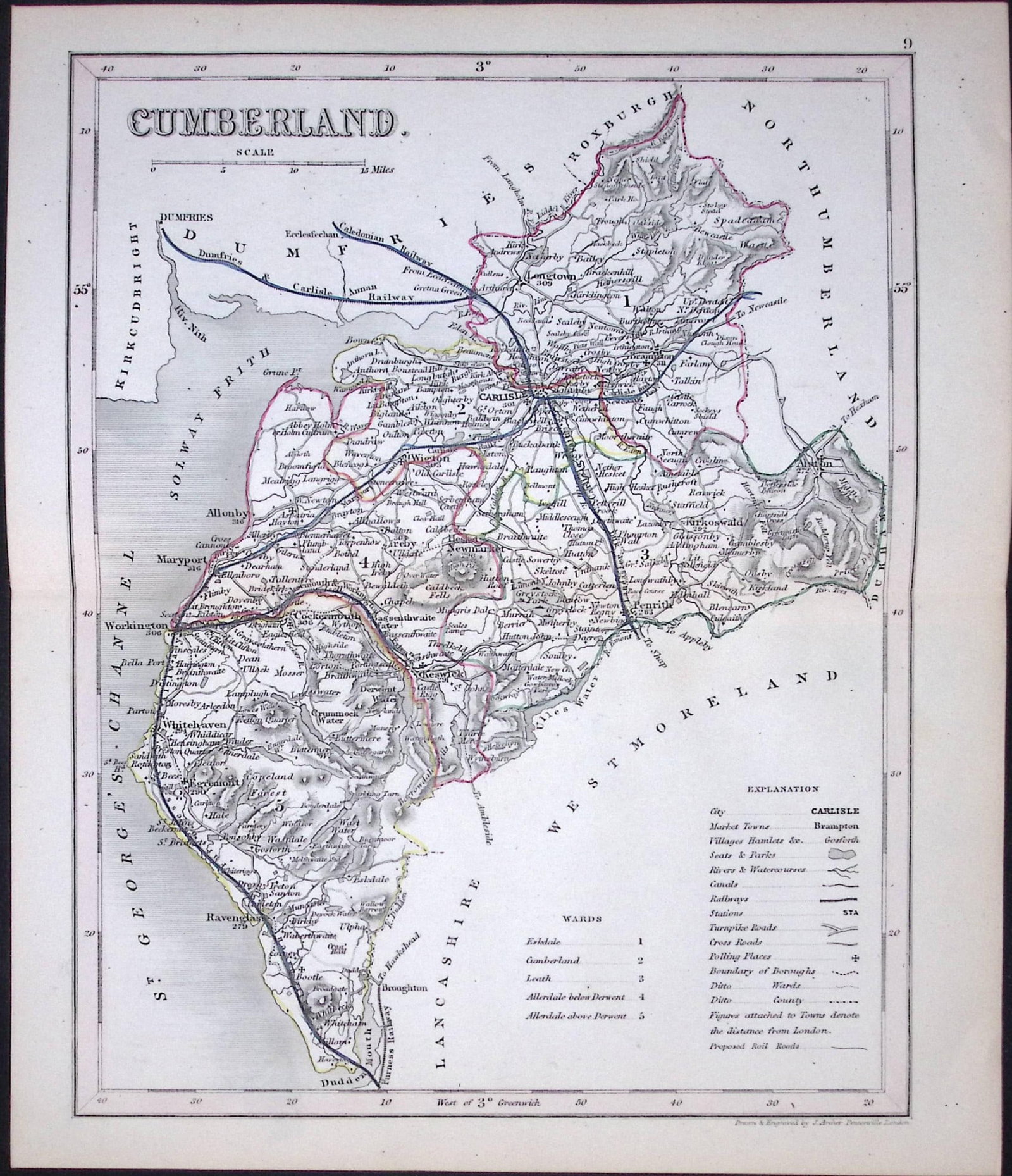 Cumbria -Dugdale & Archer Antique 180 Years-Old Steel Engraved Map-3: Title: Cumbria -Dugdale & Archer Antique 180 Years-Old Steel Engraved Map-3 Description: This Antique Coloured Engraved Map Has Been Removed from an Antique Edition of. Thomas Dugdale Curio