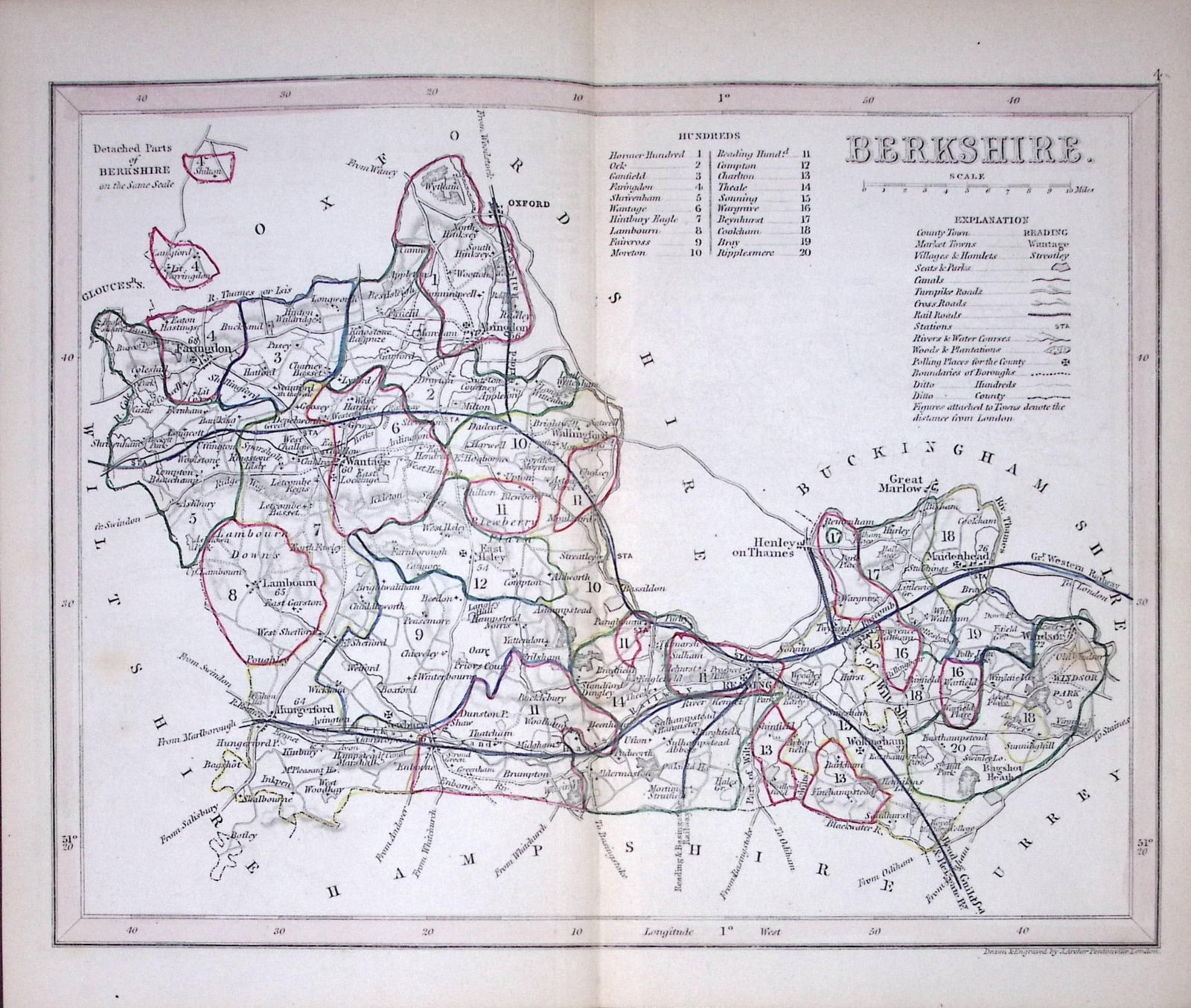 Berkshire-Dugdale & Archer Antique 180 Years-Old Steel Engraved Map-29: Title: Berkshire-Dugdale & Archer Antique 180 Years-Old Steel Engraved Map-29 Description: This Antique Coloured Engraved Map Has Been Removed from an Antique Edition of. Thomas Dugdale Cur