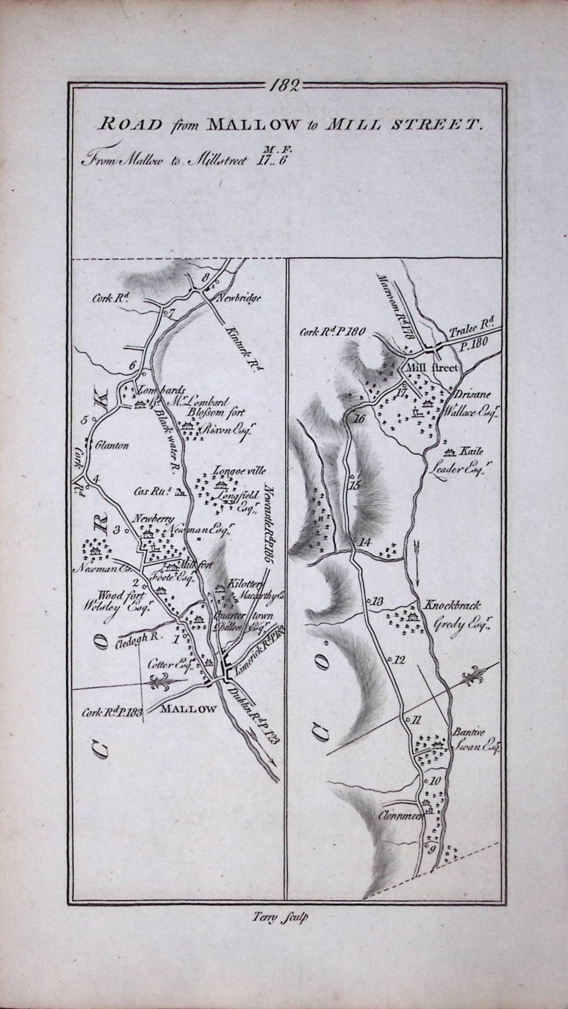 Ireland Rare Antique 249 Yr-Old Road Map Tralee-Killarney-Mallow-New Street-182 - 2
