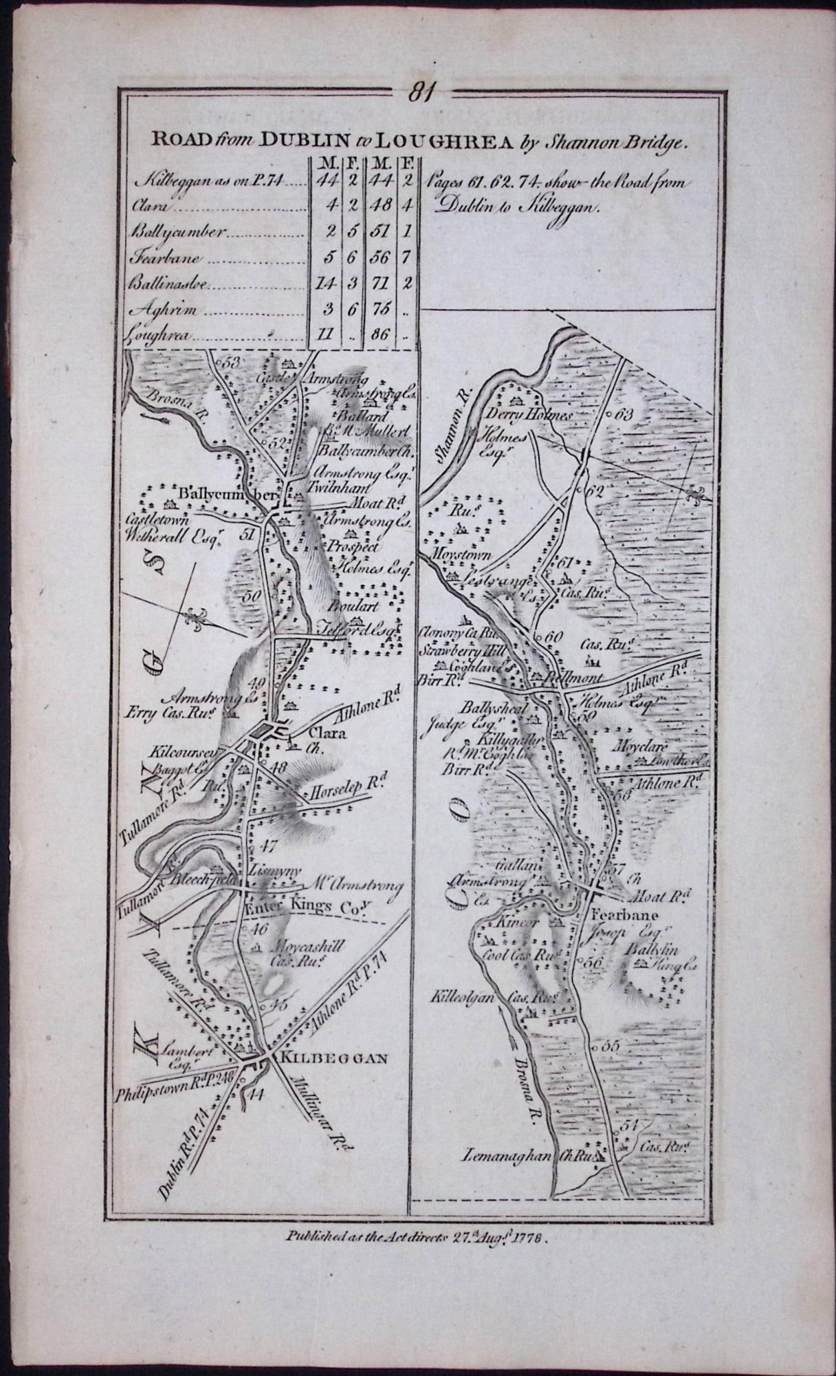 Ireland 245 Years -Old Antique Road Map Dublin to Loughrea Galway-82 - 2