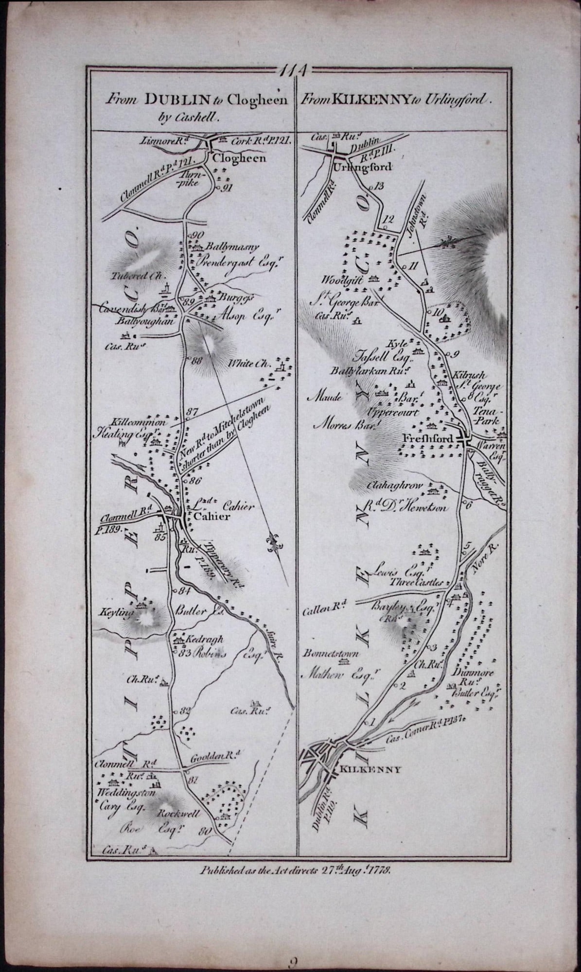 Ireland Rare 245 Years -Old Antique Road Map Tipperary & Kilworth-113 (1 of 3)