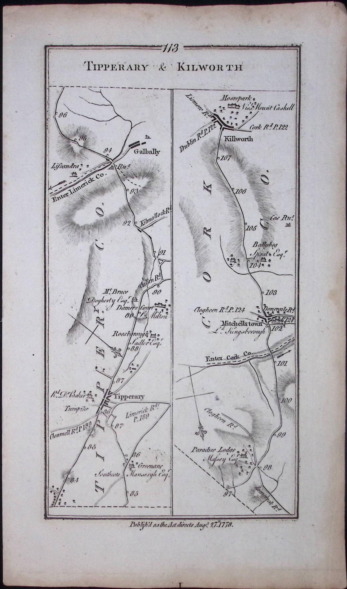 Ireland Rare 245 Years -Old Antique Road Map Tipperary & Kilworth-113 - 2