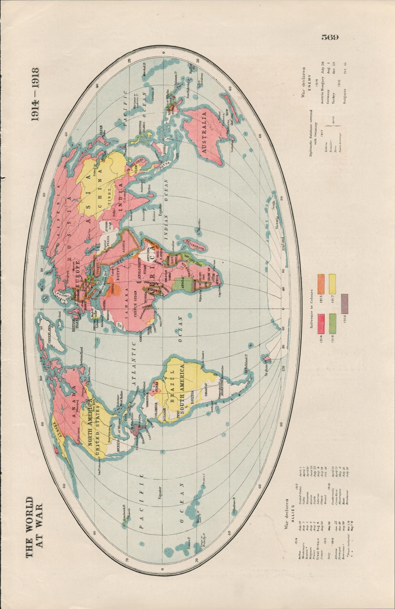 WW1 The World At War 1914-1918 Coloured Antique Map 1922. (1 of 2)