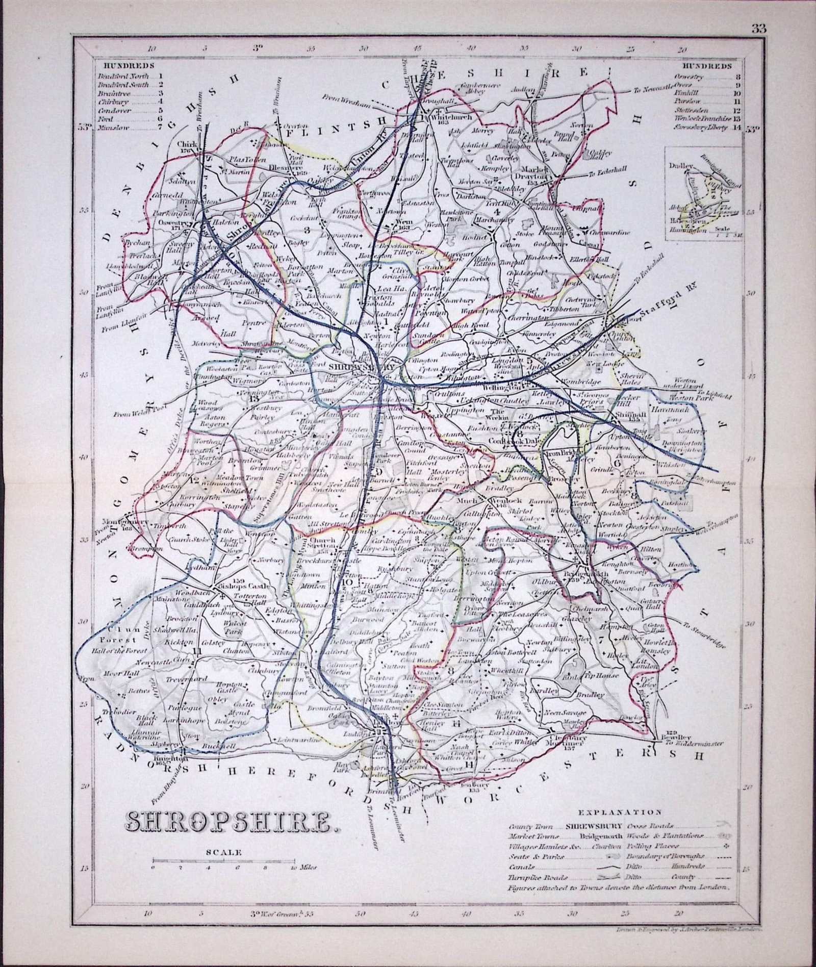 Shropshire-Dugdale & Archer Antique 180 Years-Old Steel Engraved Map-24: Title: Shropshire-Dugdale & Archer Antique 180 Years-Old Steel Engraved Map-24 Description: This Antique Coloured Engraved Map Has Been Removed from an Antique Edition of. Thomas Dugdale Cu