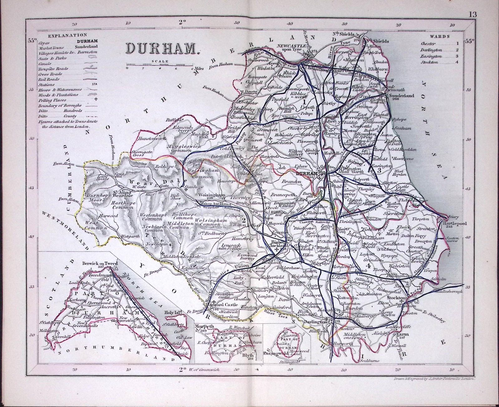 County Durham -Dugdale & Archer Antique 180 Years-Old Steel Engraved Map-7: Title: County Durham -Dugdale & Archer Antique 180 Years-Old Steel Engraved Map-7 Description: This Antique Coloured Engraved Map Has Been Removed from an Antique Edition of. Thomas Dugdale