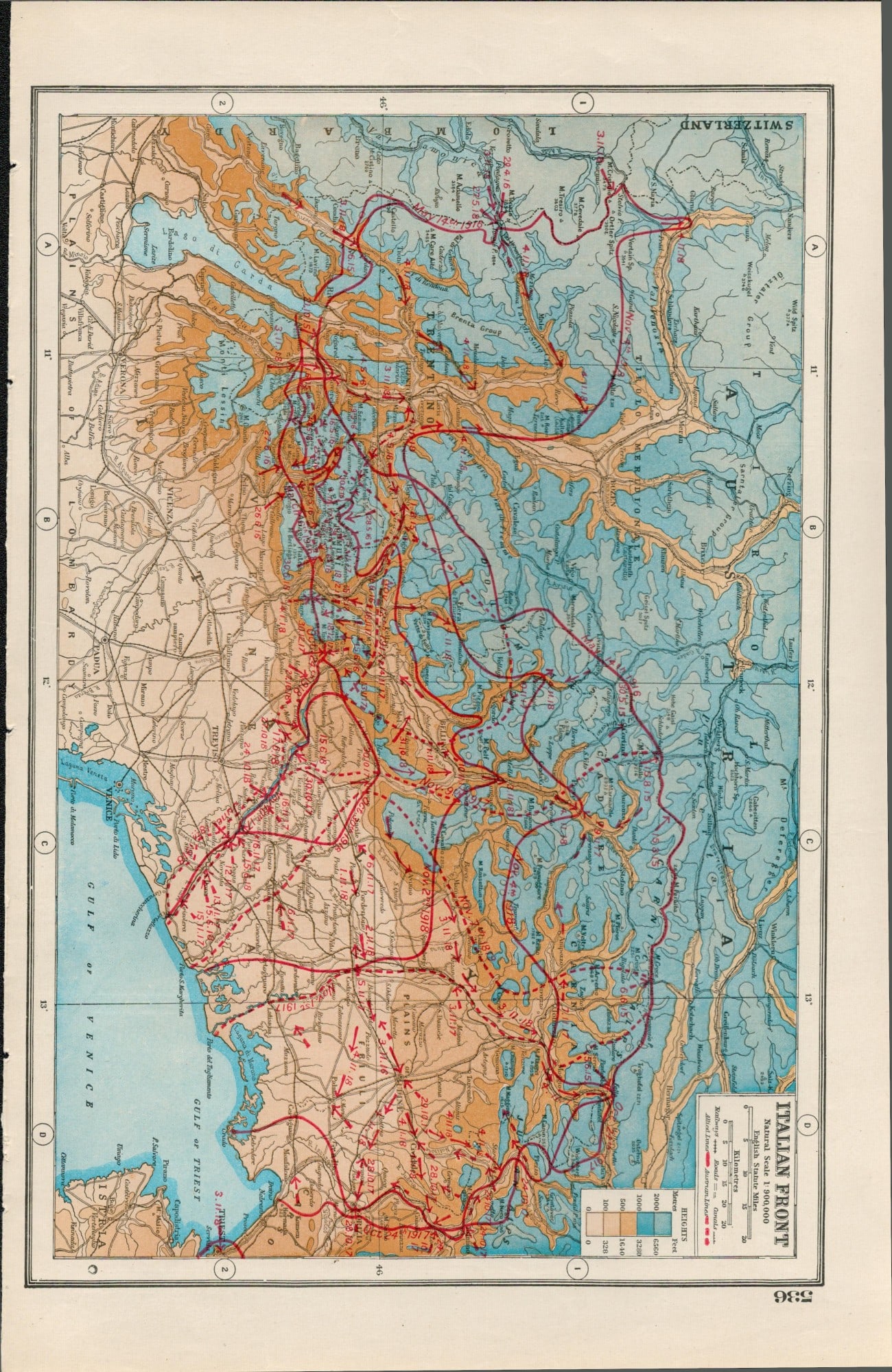 WW1 The Italian Front Battlelines 1922 Coloured Antique Map-536: Title: WW1 The Italian Front Battlelines 1922 Coloured Antique Map-536 Description: Removed from an Antique 1922 Harmsworth New Atlas WW1 Supplement. This Single Sheet Measures Approximately 14.5 X