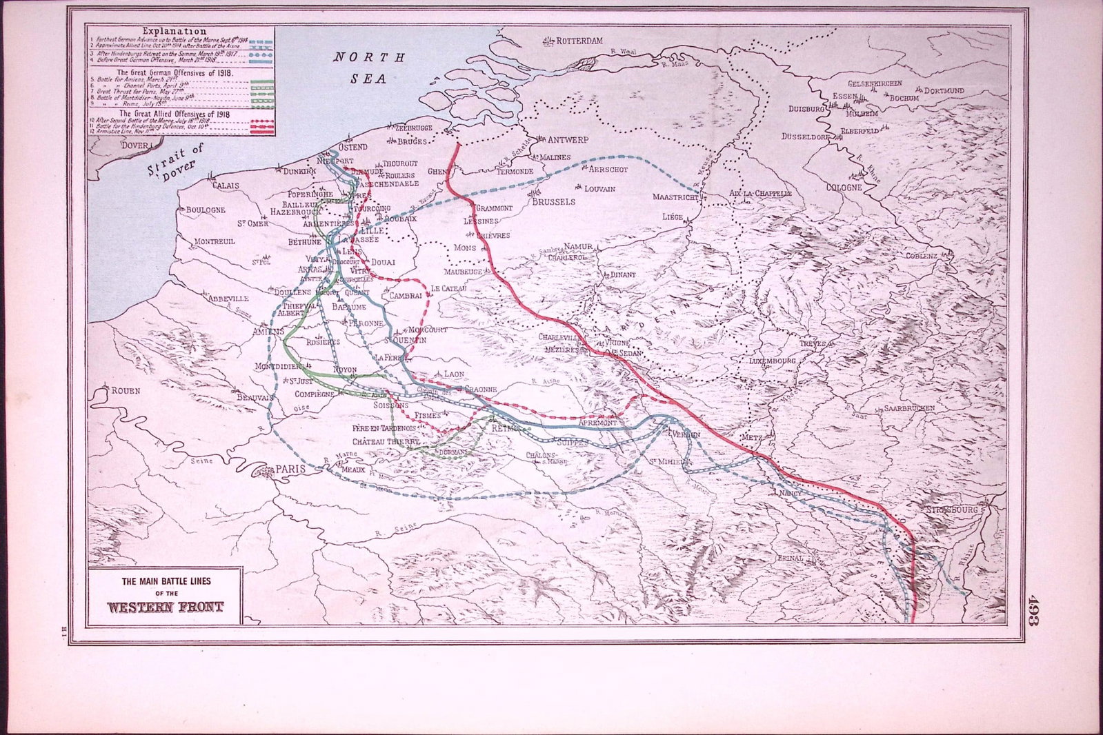 WW1 Western Front Main Battle Lines Antique 1922 Coloured Map-493: Title: WW1 Western Front Main Battle Lines Antique 1922 Coloured Map-493 Description: Removed from an Antique 1922 Harmsworth New Atlas WW1 Supplement. This Single Sheet Measures Approximately 14.5 X