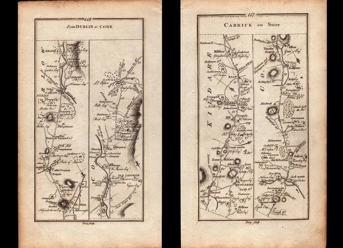 Ireland Rare 1778 Antique 245 Yr-Old Road Map Kildare Naas Carlow Dublin Cork.: Title: Ireland Rare 1778 Antique 245 Yr-Old Road Map Kildare Naas Carlow Dublin Cork. Description: This Rare Irish Road Map Has Been Removed from a First Edition Copy of. Taylor &