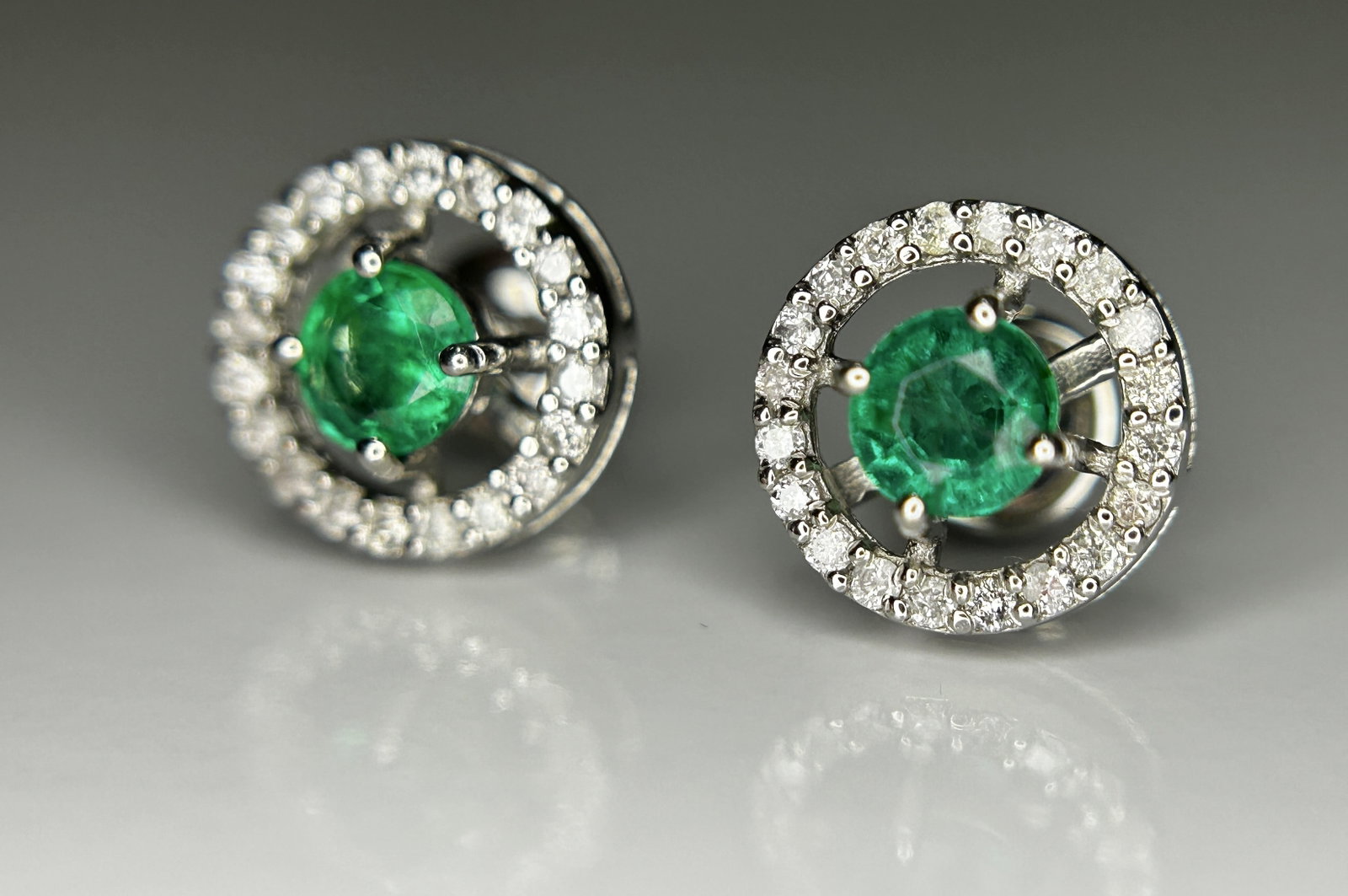 Beautiful 0.53ct Natural Emerald Halo Set Stud Earrings, Diamonds In Platinum 950 - 2