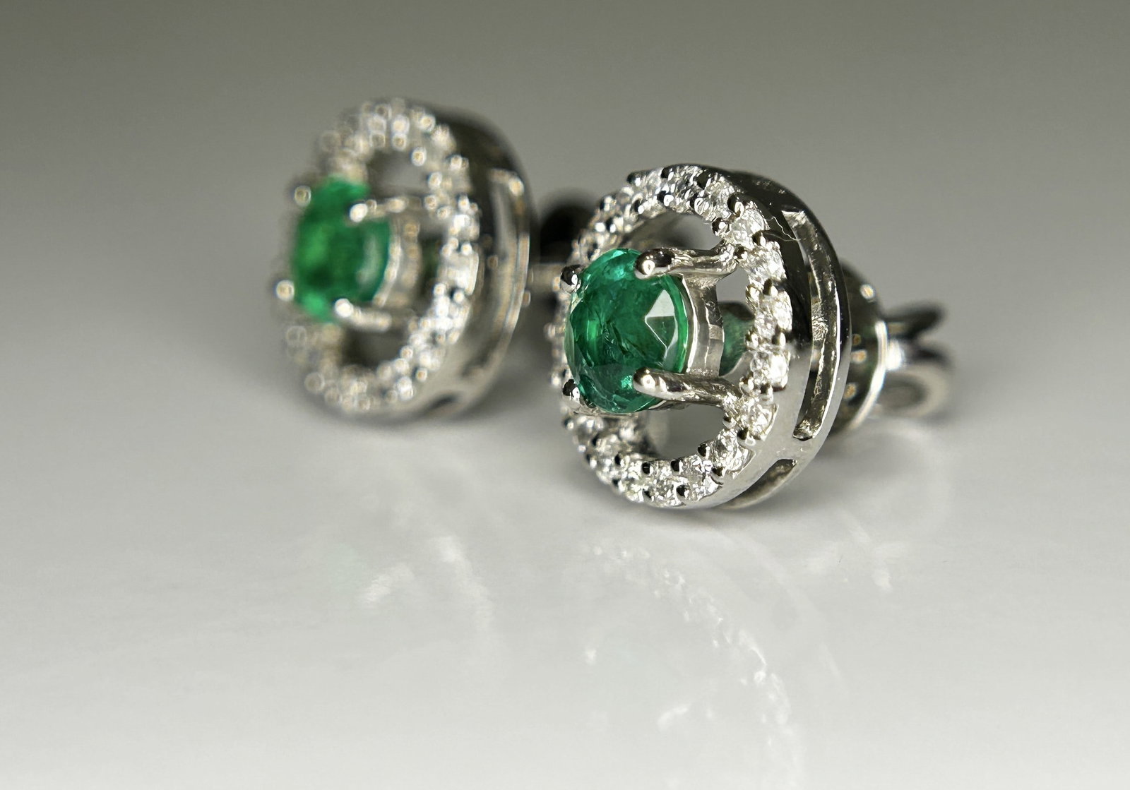 Beautiful 0.53ct Natural Emerald Halo Set Stud Earrings, Diamonds In Platinum 950 - 6