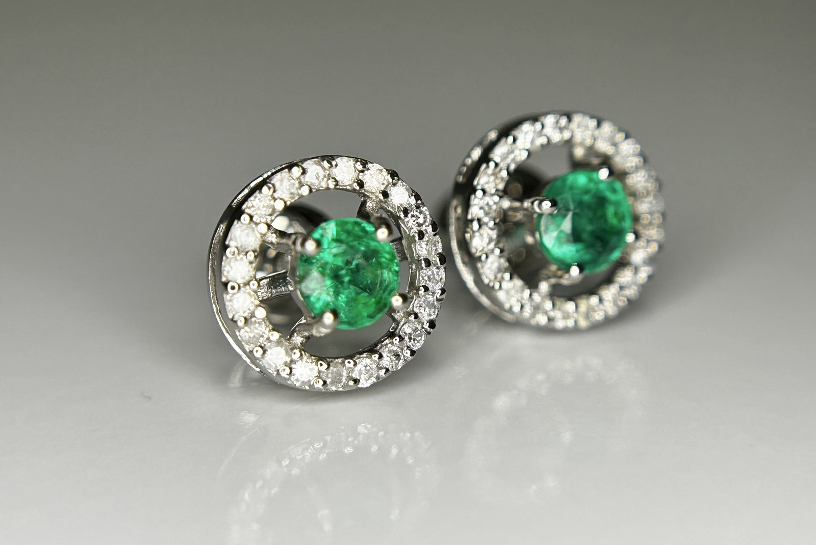Beautiful 0.53ct Natural Emerald Halo Set Stud Earrings, Diamonds In Platinum 950 - 7
