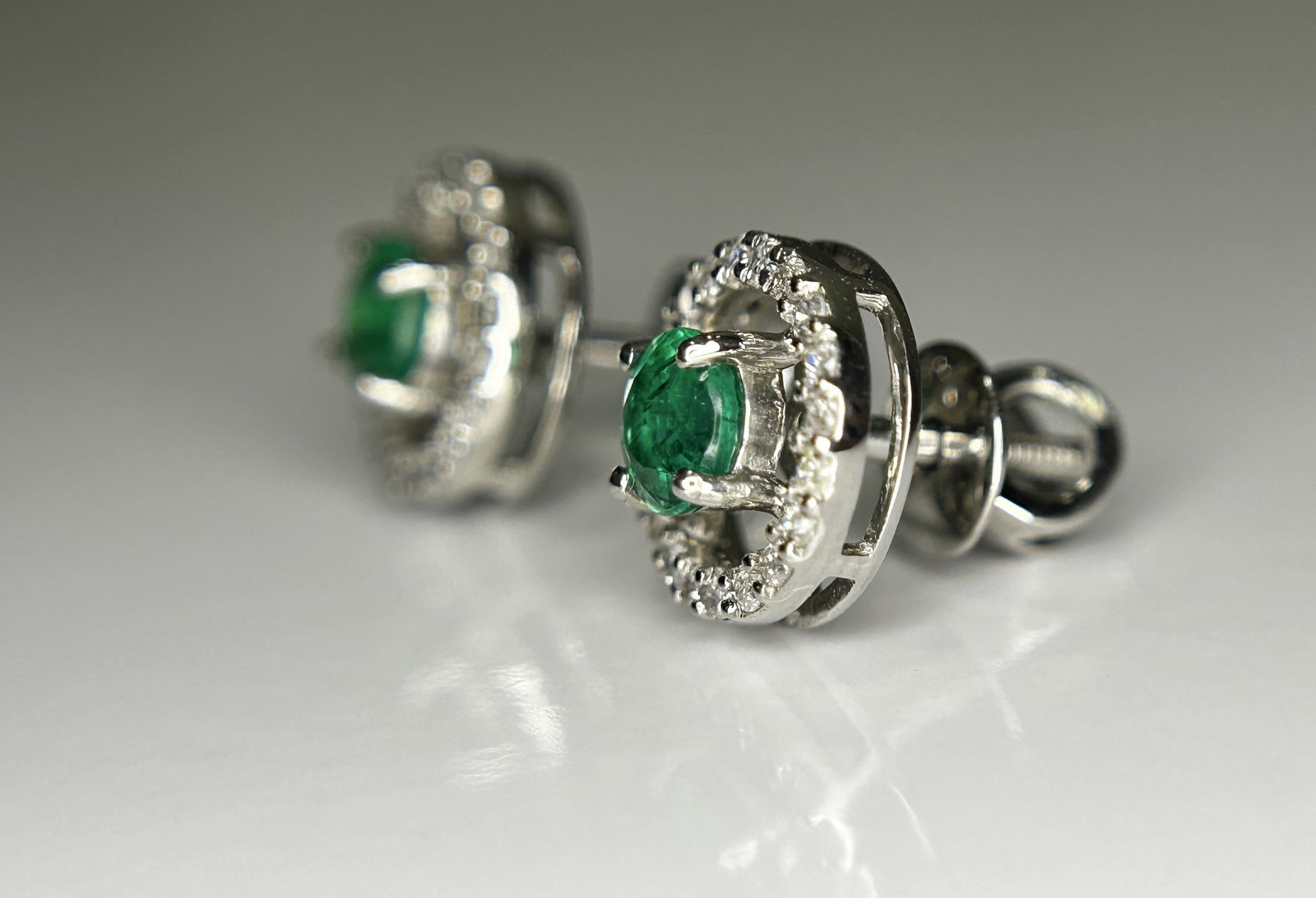 Beautiful 0.53ct Natural Emerald Halo Set Stud Earrings, Diamonds In Platinum 950 - 8