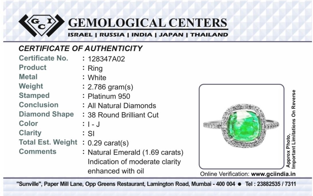 Beautiful 1.69 CT Natural Emerald Ring With Natural Diamonds & Platinum 950 - 6