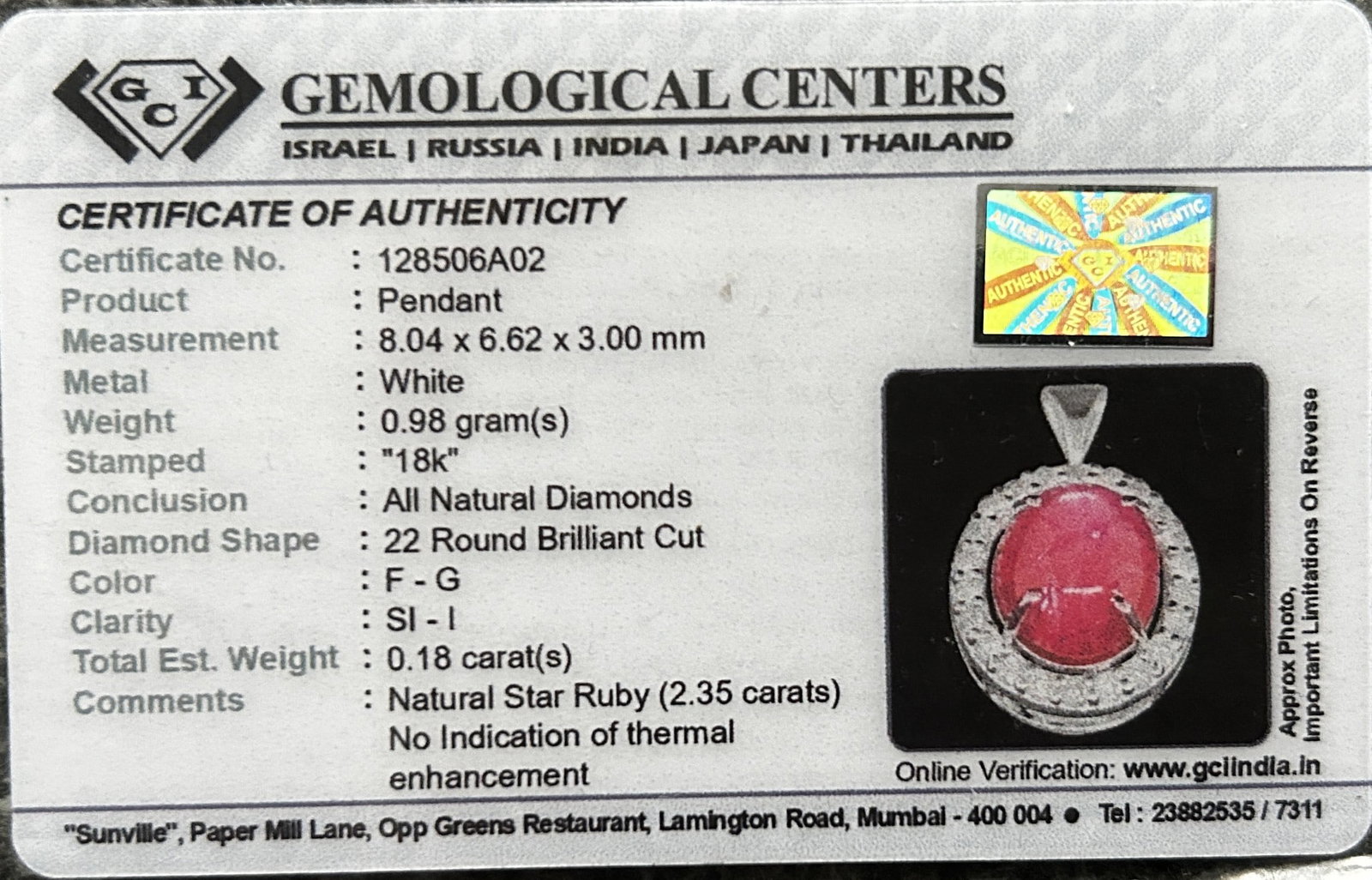 Beautiful Natural Star Ruby Pendant 2.35Ct With Natural Diamonds & 18k Gold - 10