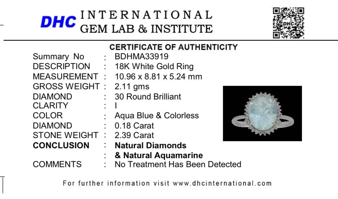 Beautiful 2.39 CT Natural Aquamarine Ring With Natural Diamonds & 18k White Gold - 10