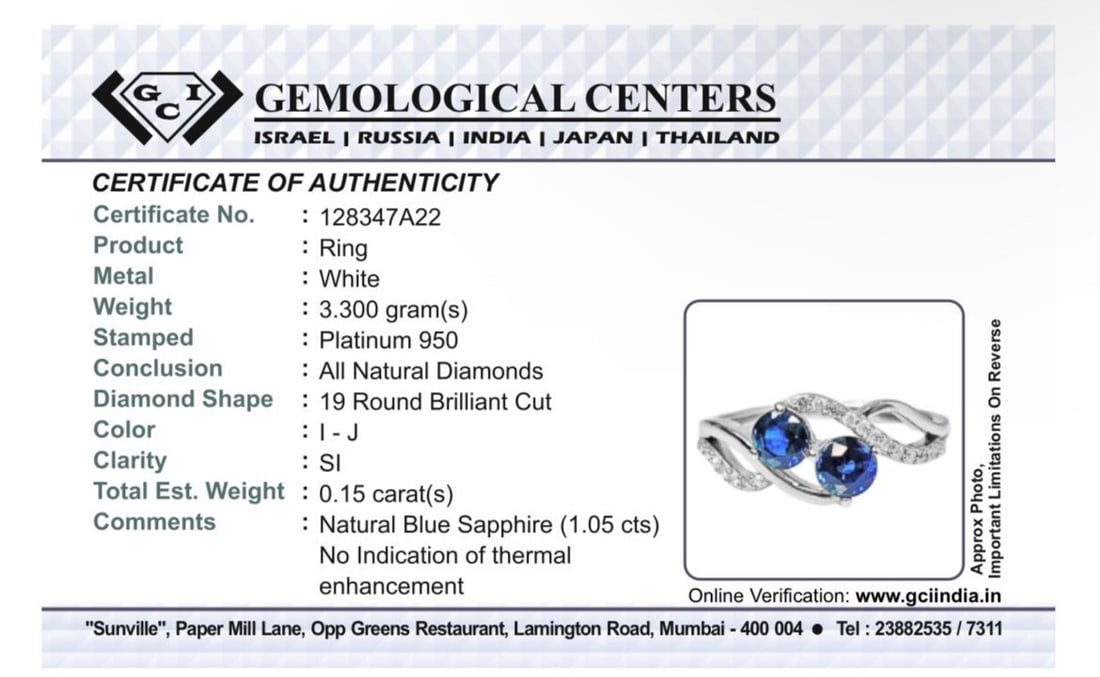 Beautiful 1.05 CT Unheated Ceylon Blue Sapphire Diamonds & 950 Platinum - 10