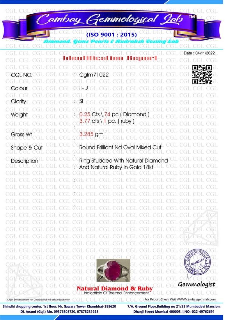 Natural Burma Ruby 3.77Ct With Natural Diamonds & 18k Gold - 6