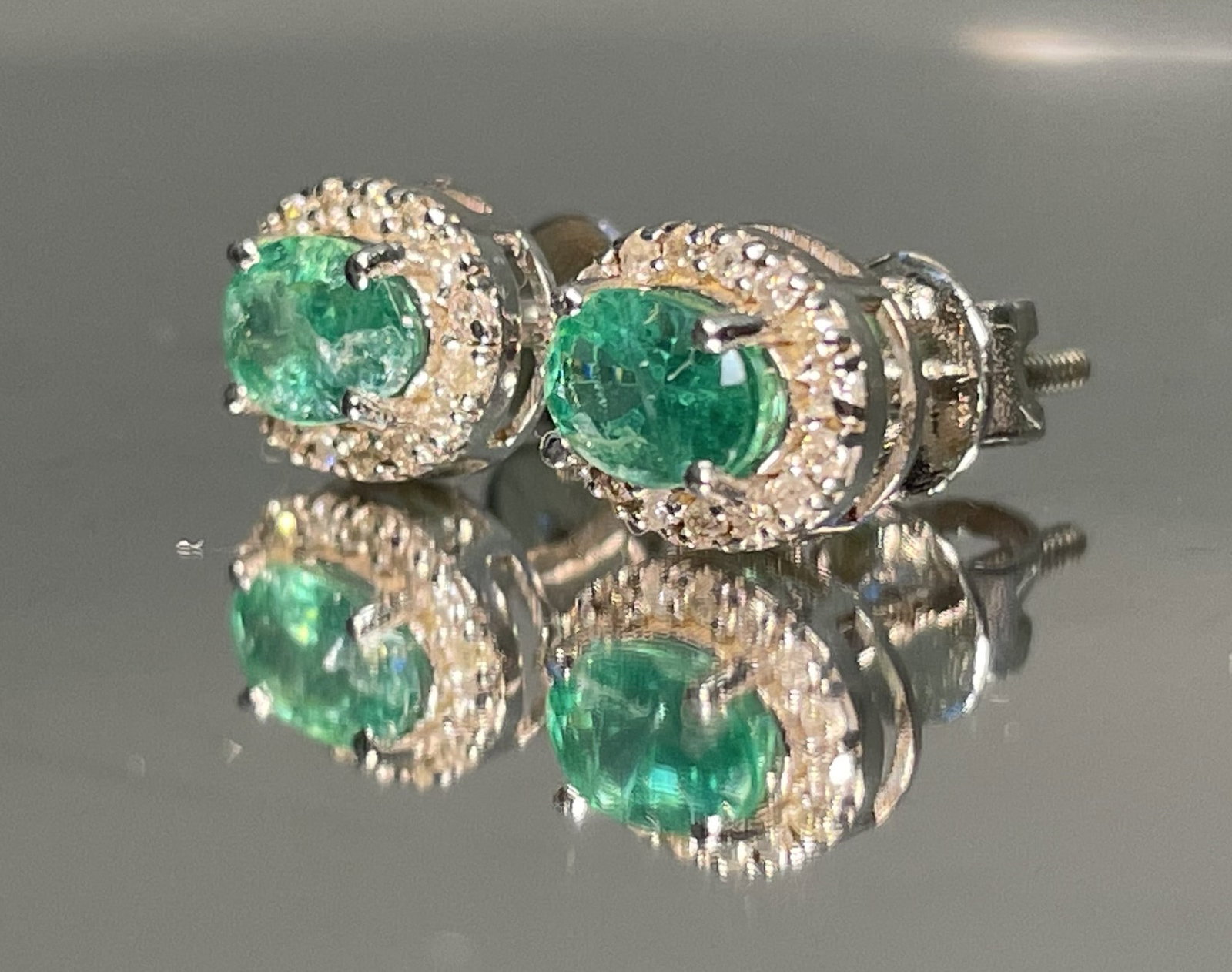 Beautiful Natural Emerald Halo Set Stud Earrings 18k White Gold - 2