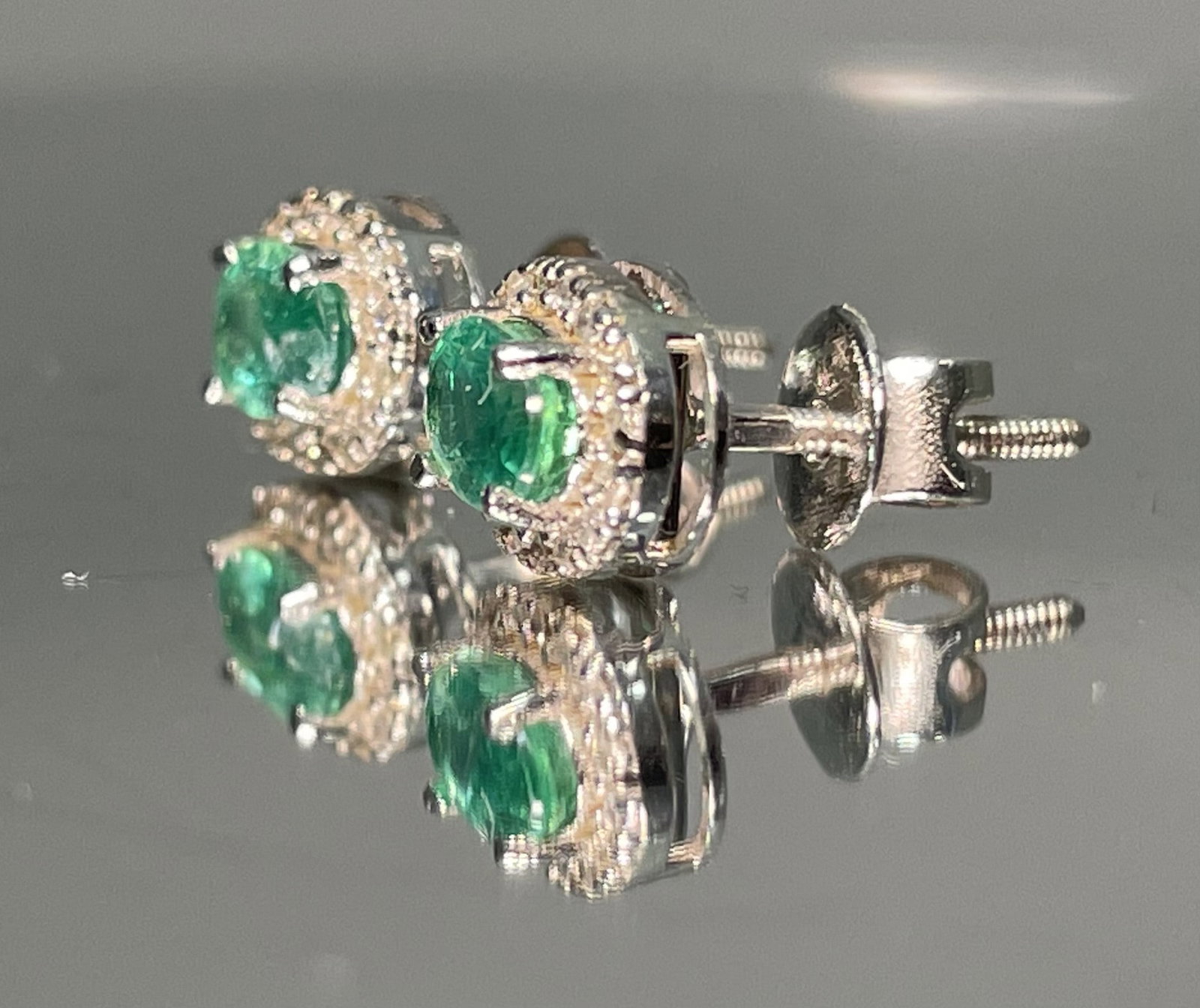 Beautiful Natural Emerald Halo Set Stud Earrings 18k White Gold - 3