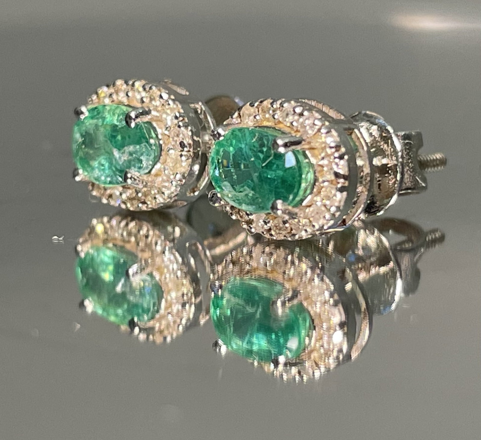 Beautiful Natural Emerald Halo Set Stud Earrings 18k White Gold - 4