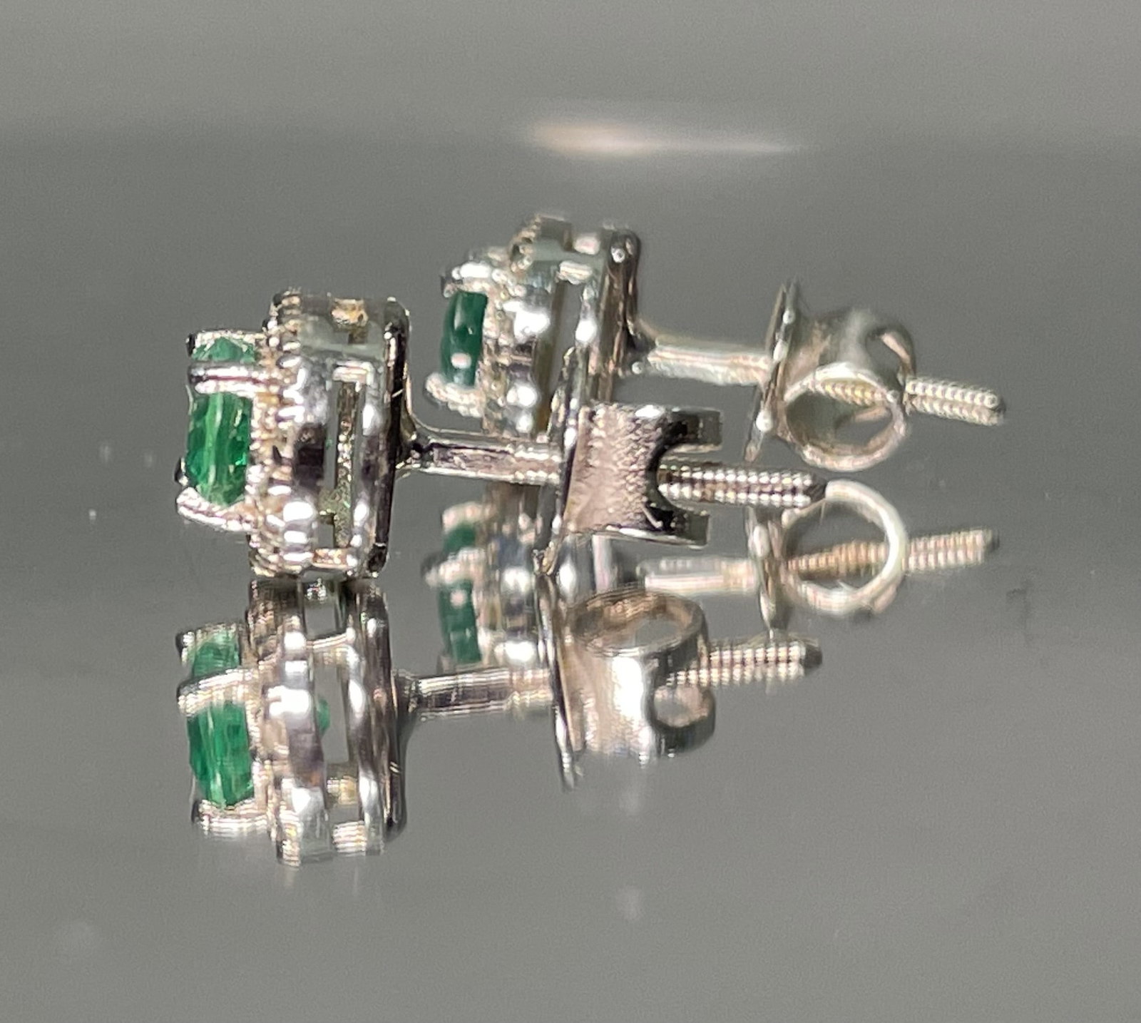 Beautiful Natural Emerald Halo Set Stud Earrings 18k White Gold - 5