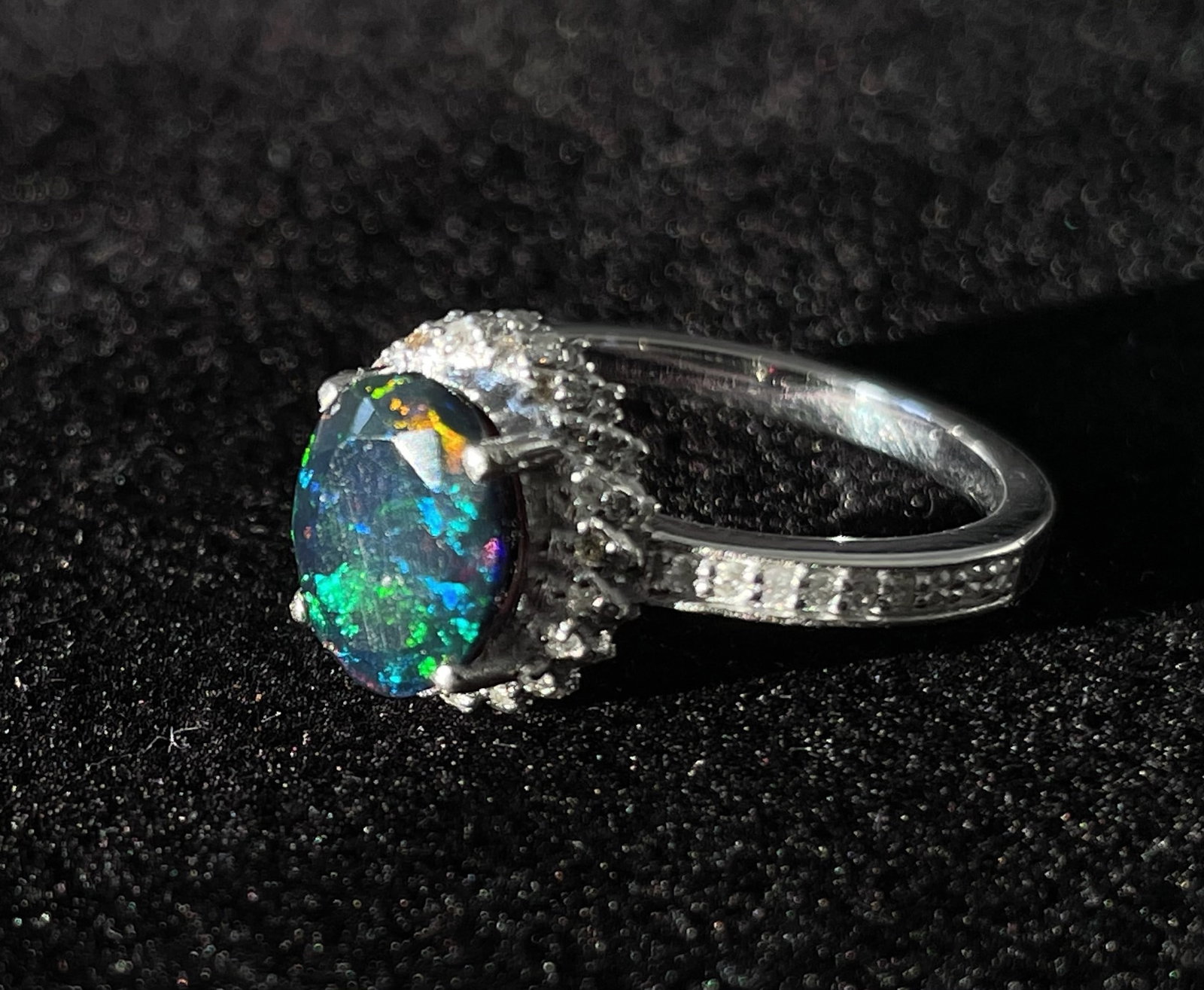 Beautiful Natural Black Opal Ring With Natural Diamond & 18k Gold - 11