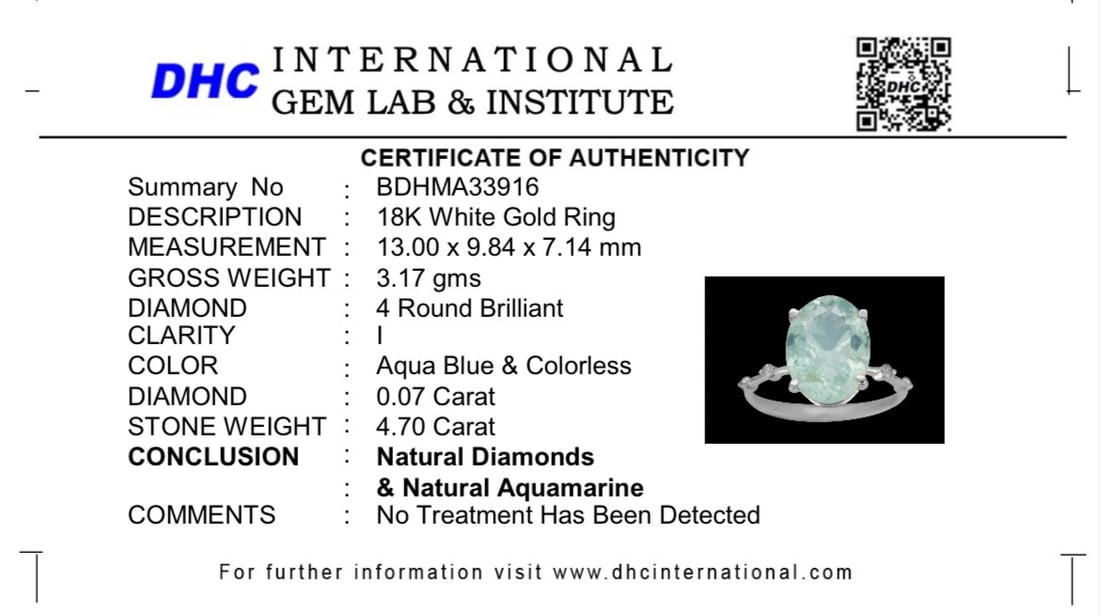 Beautiful 4.70 CT Natural Aquamarine Ring With Natural Diamonds & 18k White Gold - 9
