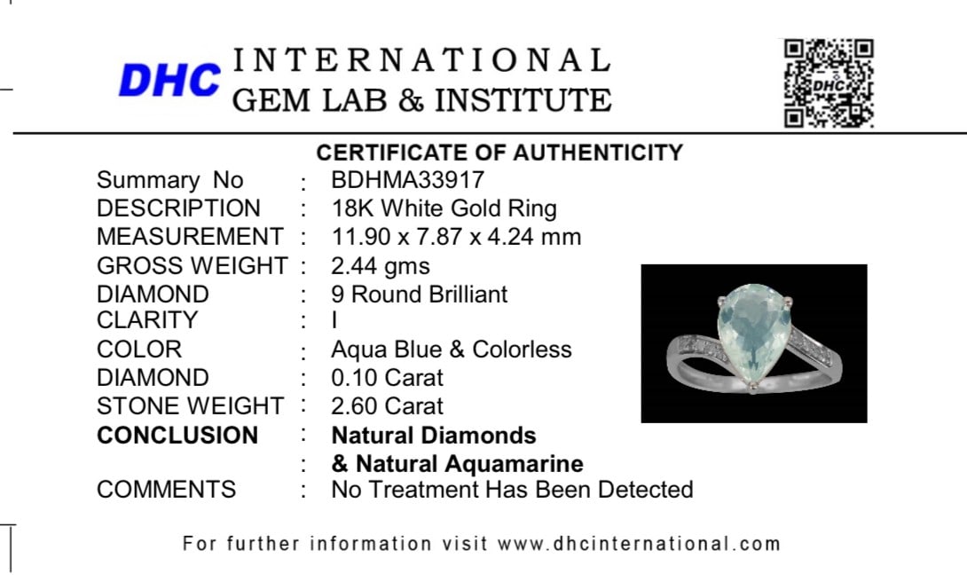 Beautiful 2.60 CT Natural Aquamarine Ring With Natural Diamonds & 18k White Gold - 9