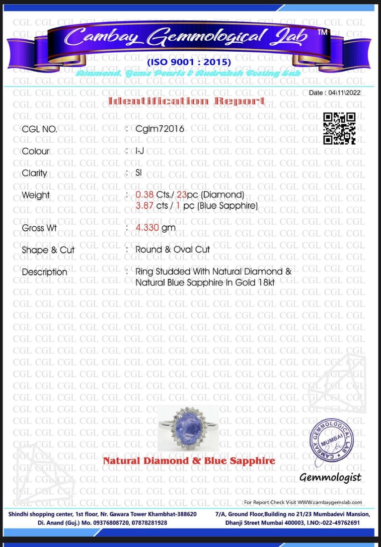 Unheated Untreated 3.87 CT Natural Ceylon Purple Sapphire Diamonds & 18k Gold: Title: Unheated Untreated 3.87 CT Natural Ceylon Purple Sapphire Diamonds & 18k Gold Description: Beautiful 3.87 ct Natural Ceylon Blue Sapphire With Natural Diamonds & 18k White Gold.&nbs