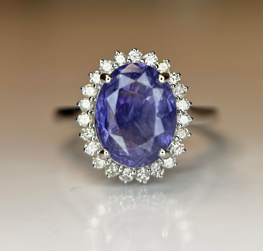 Unheated Untreated 3.87 CT Natural Ceylon Purple Sapphire Diamonds & 18k Gold - 4
