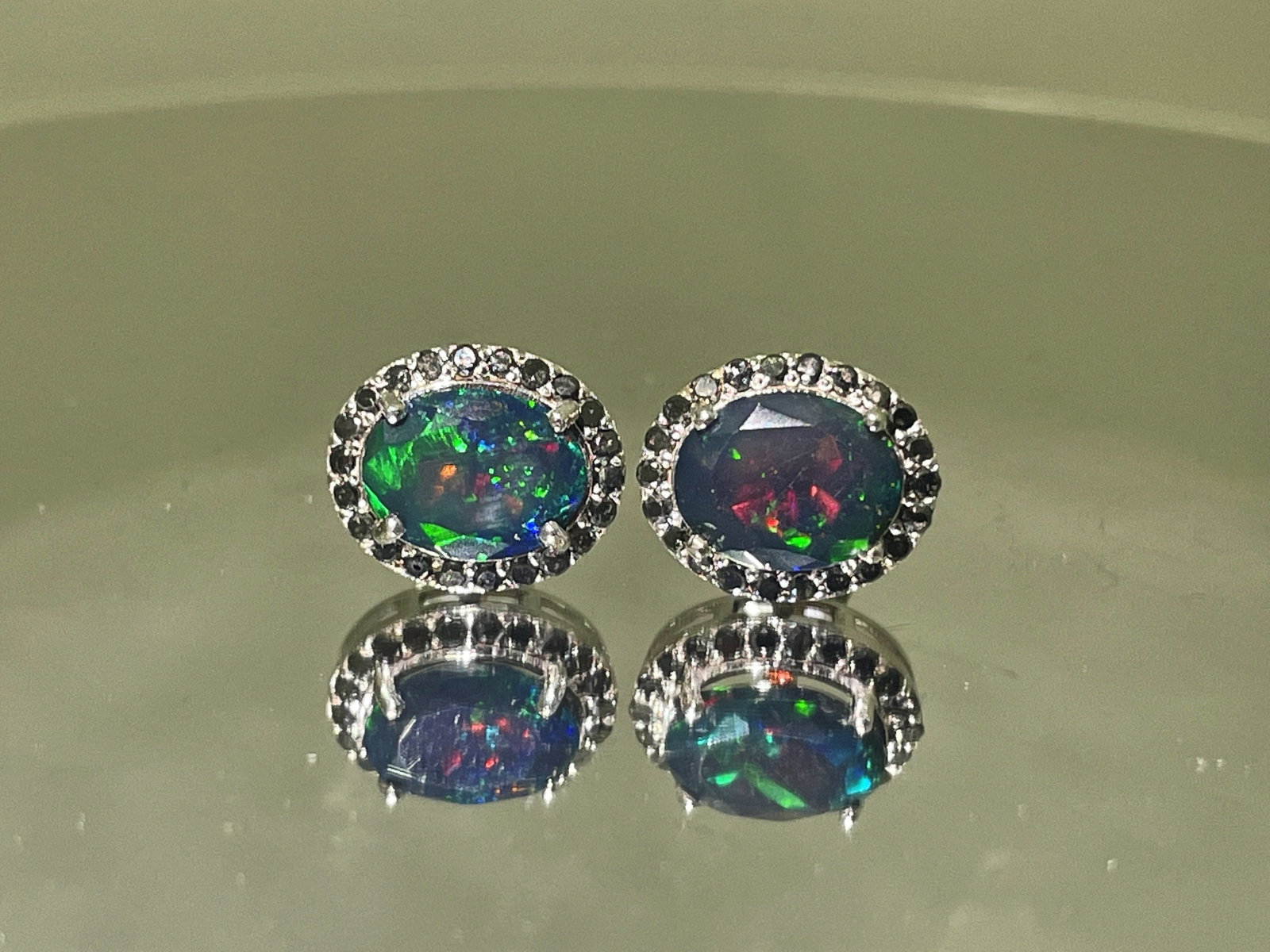 Beautiful Natural Black Opal Earrings With Natural Black Diamond & 18k Gold - 3