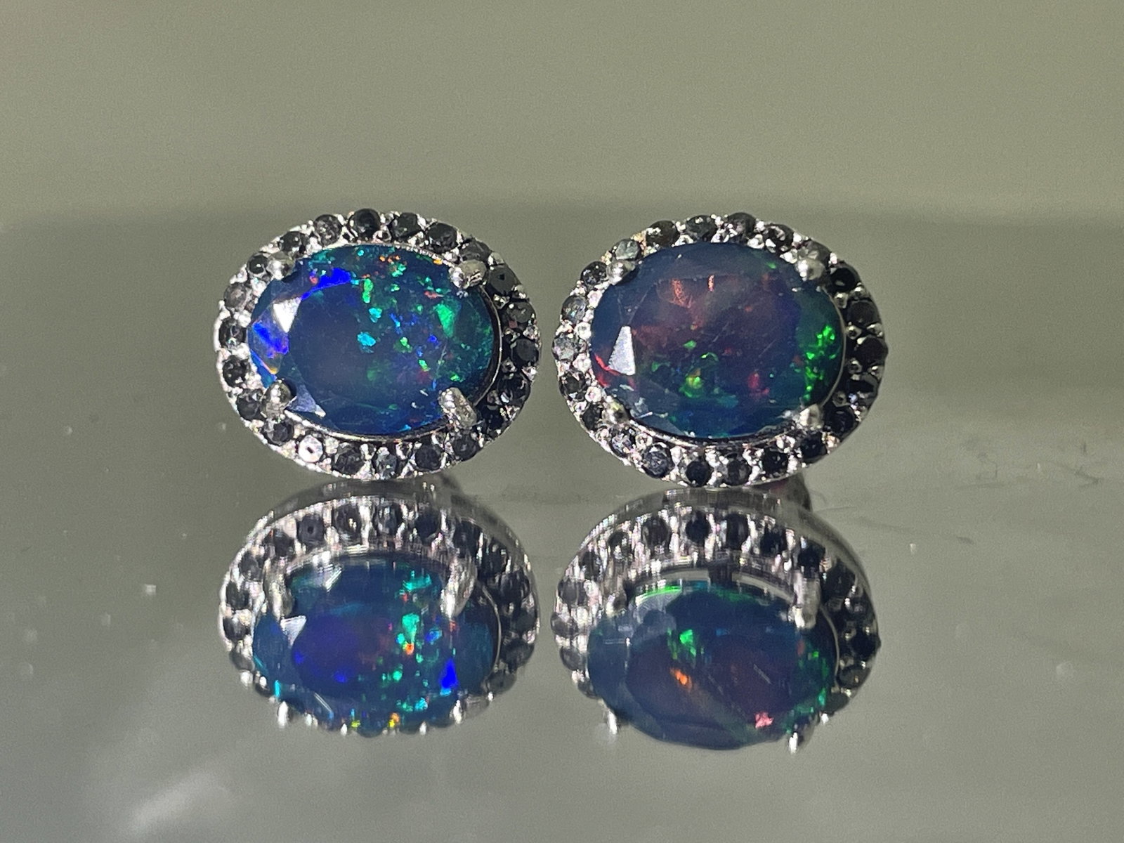 Beautiful Natural Black Opal Earrings With Natural Black Diamond & 18k Gold - 5