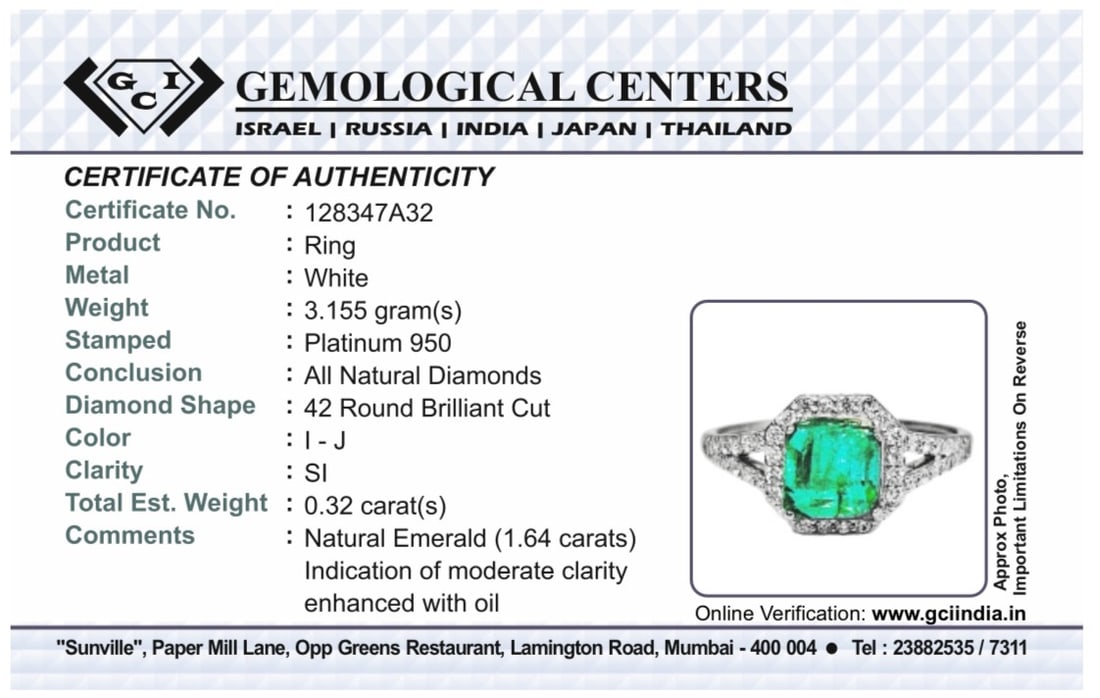 Beautiful 1.64 CT Natural Emerald Ring With Natural Diamonds & Platinum 950 - 10