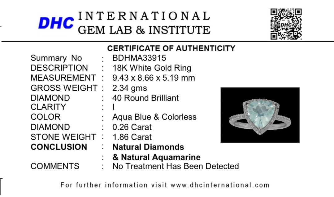 Beautiful 1.86 CT Natural Aquamarine Ring With Natural Diamonds & 18k White Gold - 9