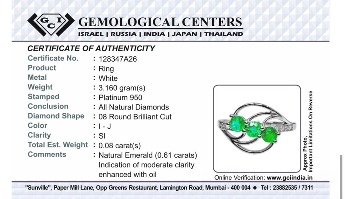 Beautiful 0.61Ct Natural Emerald Ring With Natural Diamonds & Platinum 950 - 9