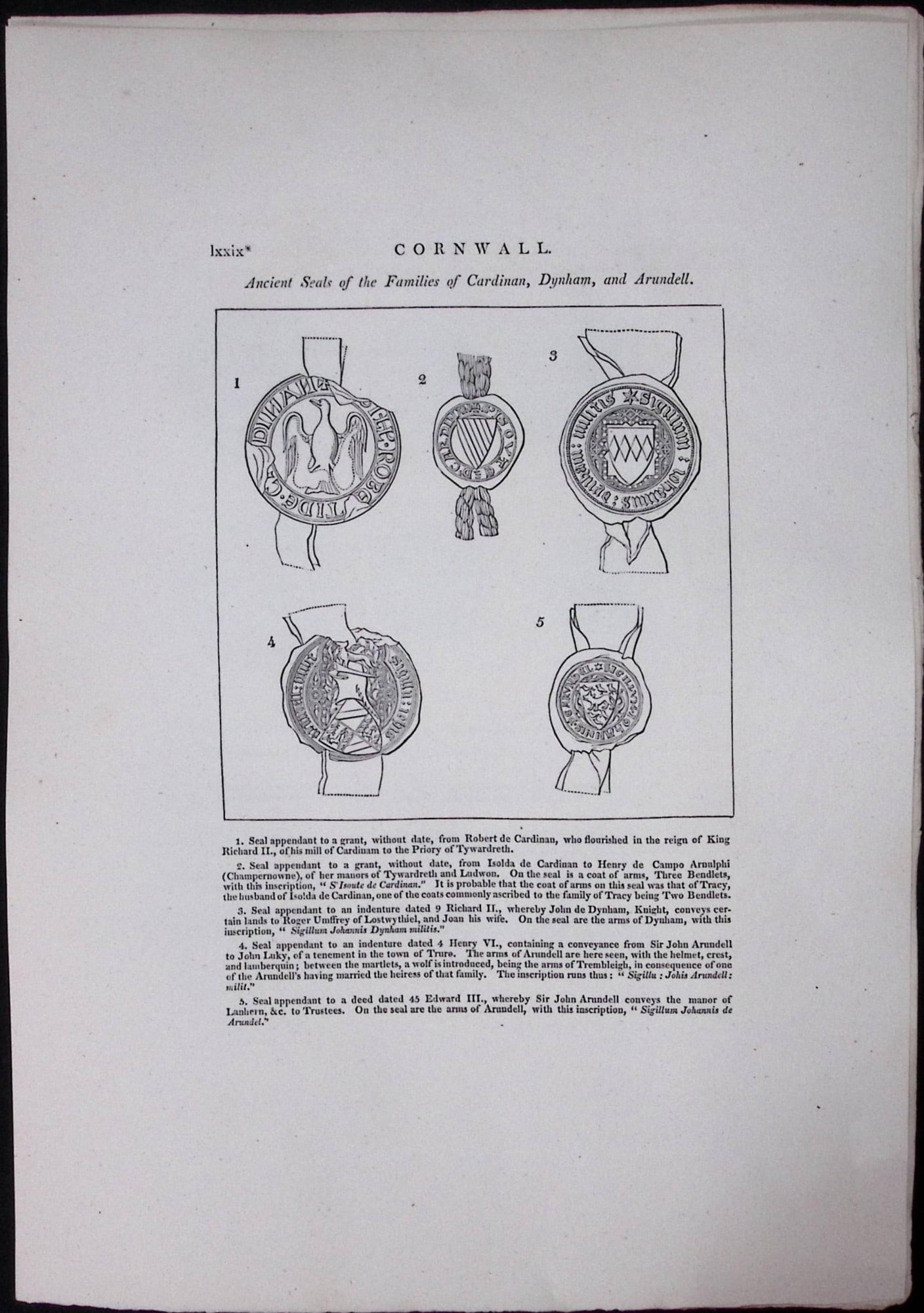 Cornwall Ancient Seals Of Families Rare Large Antique Copper Plate Etching 4.: Title: Cornwall Ancient Seals Of Families Rare Large Antique Copper Plate Etching 4. Description: This 211-Year-Old Antique Copper Plate Etching Was Removed From. An Antique Edition of a Magna
