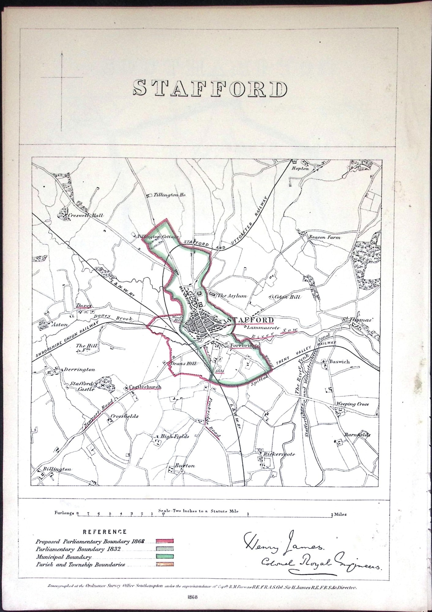 Stafford Borough Boundary Commission Coloured 157-Year-Old Antique Map.: Title: Stafford Borough Boundary Commission Coloured 157-Year-Old Antique Map. Description: Stafford Borough Boundary Commission Coloured 157-Year-Old Antique Map. Original Antique Lithograph Map