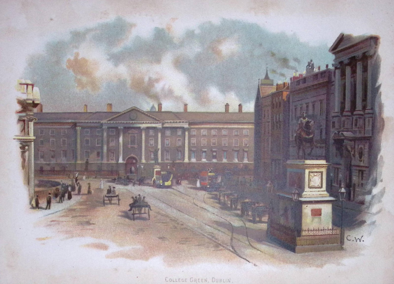 Dublin College Green Ireland Antique Coloured Chromolithograph 15-TR: Title: Dublin College Green Ireland Antique Coloured Chromolithograph 15-TR Description: Dublin College Green Ireland Antique Coloured Chromolithograph 15-TR This Antique Chromolithograph Has Been