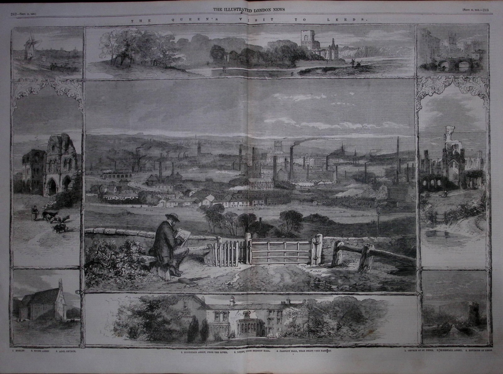 Views of Leeds Yorkshire 168 Years-Old Large Antique Woodcut Engraving. (1 of 1)
