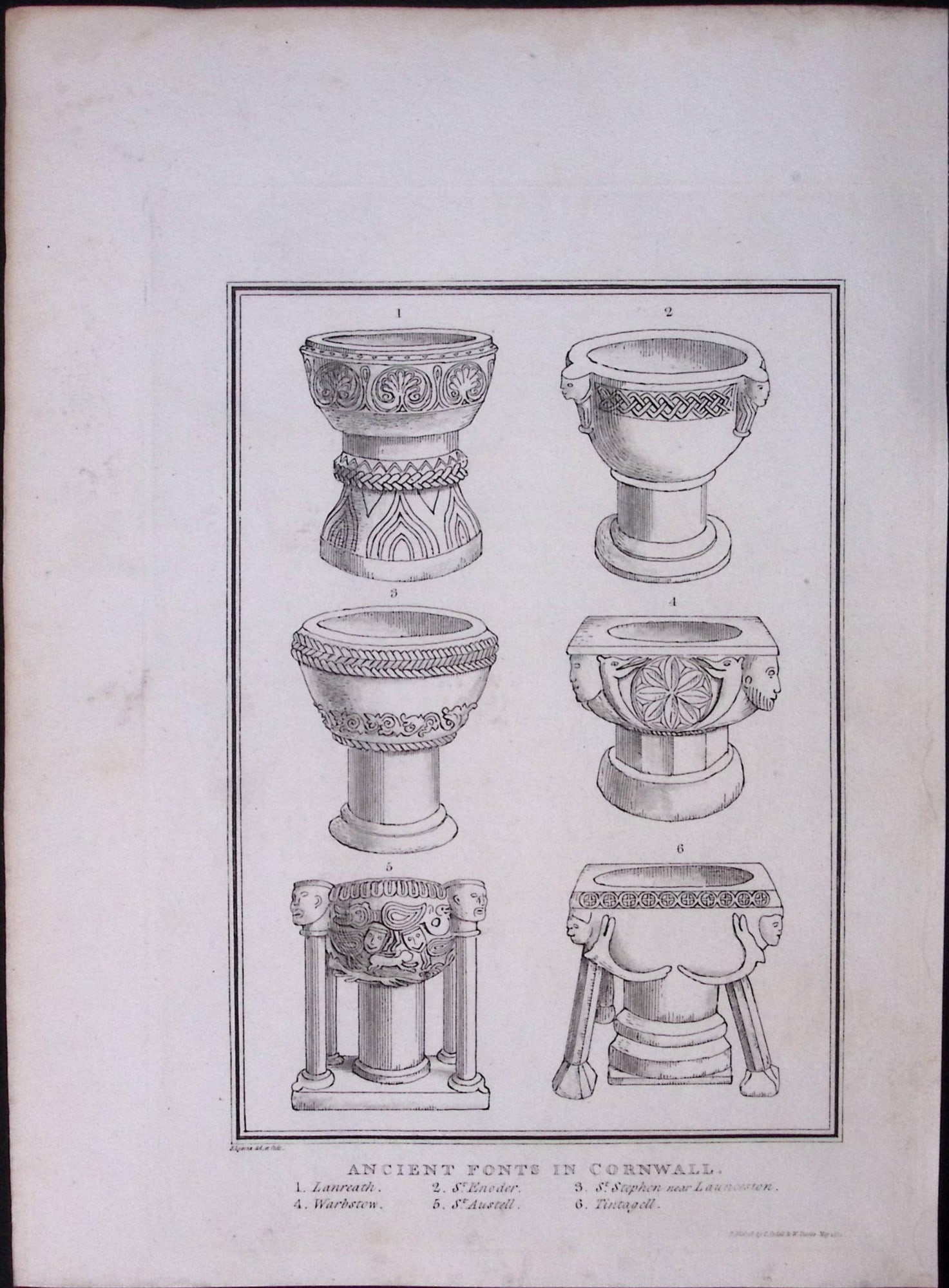 Cornwall Ancient Church Fonts 211 Years-Old Rare Antique Copper Plate Etching.: Title: Cornwall Ancient Church Fonts 211 Years-Old Rare Antique Copper Plate Etching. Description: This 211-Year-Old Antique Copper Plate Etching Was Removed From. An Antique Edition of a